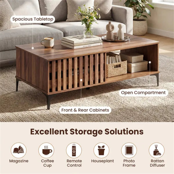 47 Inch Mid-Century Coffee Table With Storage Cabinets & Open Compartment, Walnut Wooden Look Accent Table With Heavy-Duty Metal Legs For Living Room