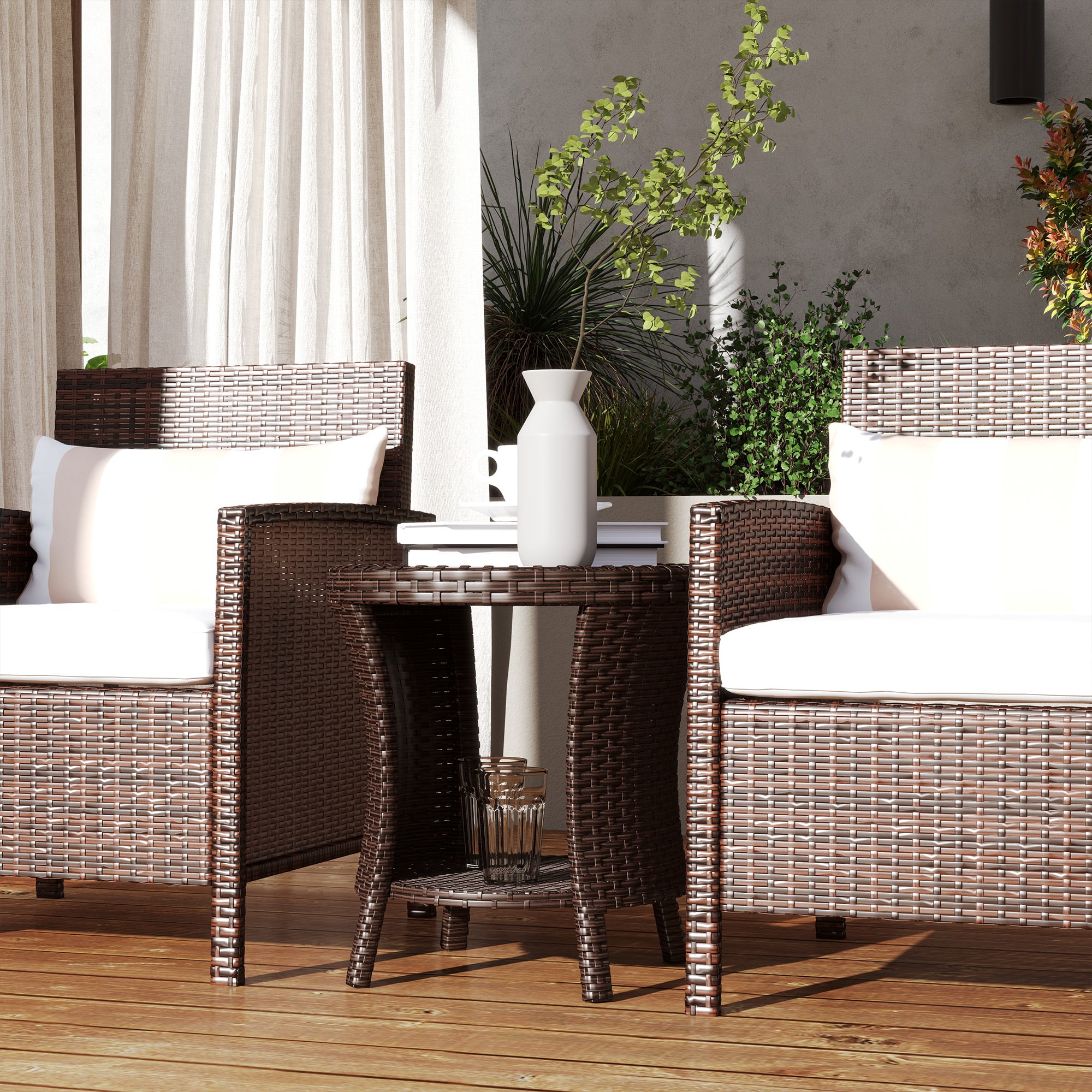 18" Wicker Outdoor Coffee Table, PE Rattan Patio Side Table with 2-Tier Storage, Composite Wood Top, Mixed Brown