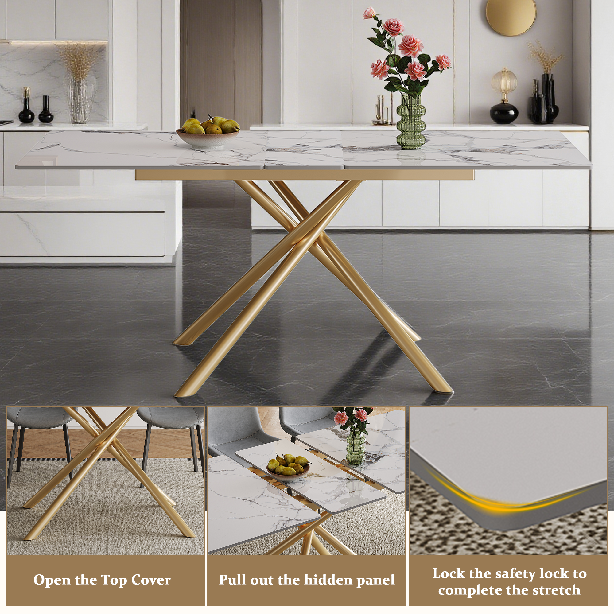 59-inch Modern Rectangle Expandable Dining Table With Retractable Leaf  Sintered Stone Top & Golden Carbon Steel X-Base  Sturdy 4-6 Person Table For Small Apartments  Kitchen  Dining Room