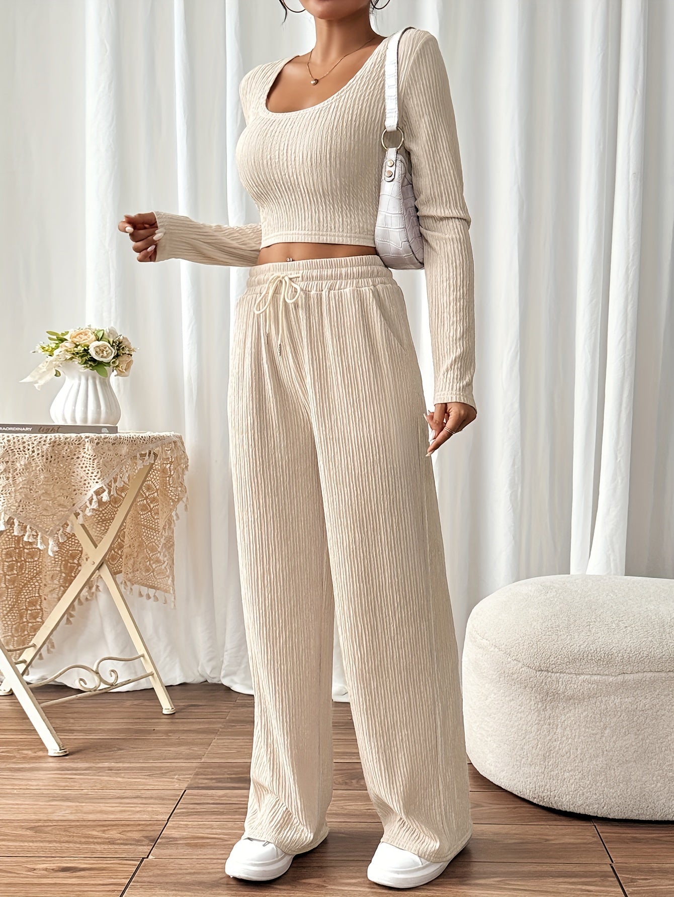 Textured Solid Color Casual Pantsuits, Long Sleeve Scoop Neck Backless Crop Top & Drawstring Waist Pocket Wide Leg Pants Outfits, Women's Clothing