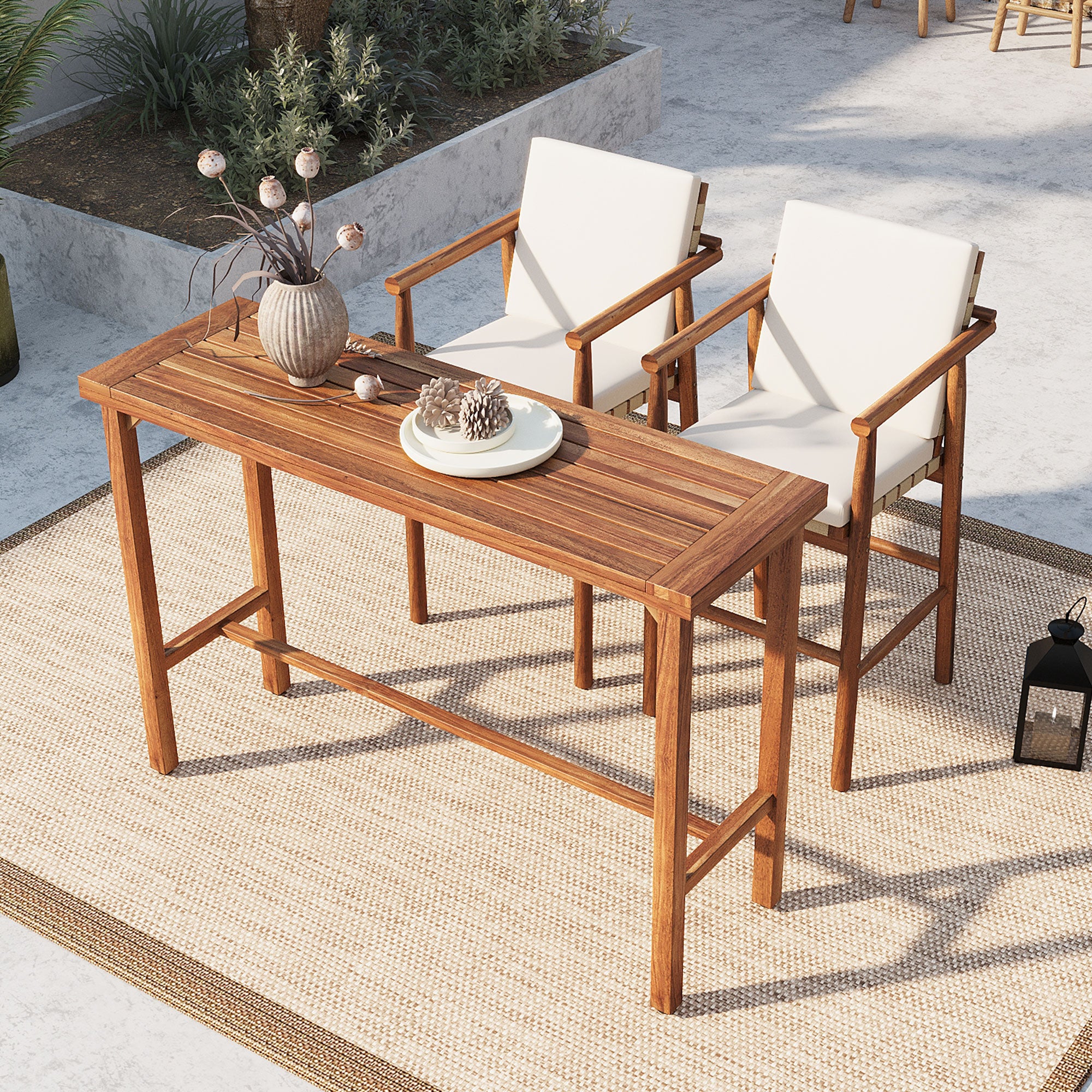 3 Piece Outdoor Bar Set, Patio Acacia Wood Bar Height Table & 2 Stools With Cushions, Wood Dining Bar Set For Backyard, Poolside, Balcony, Beige Cushions