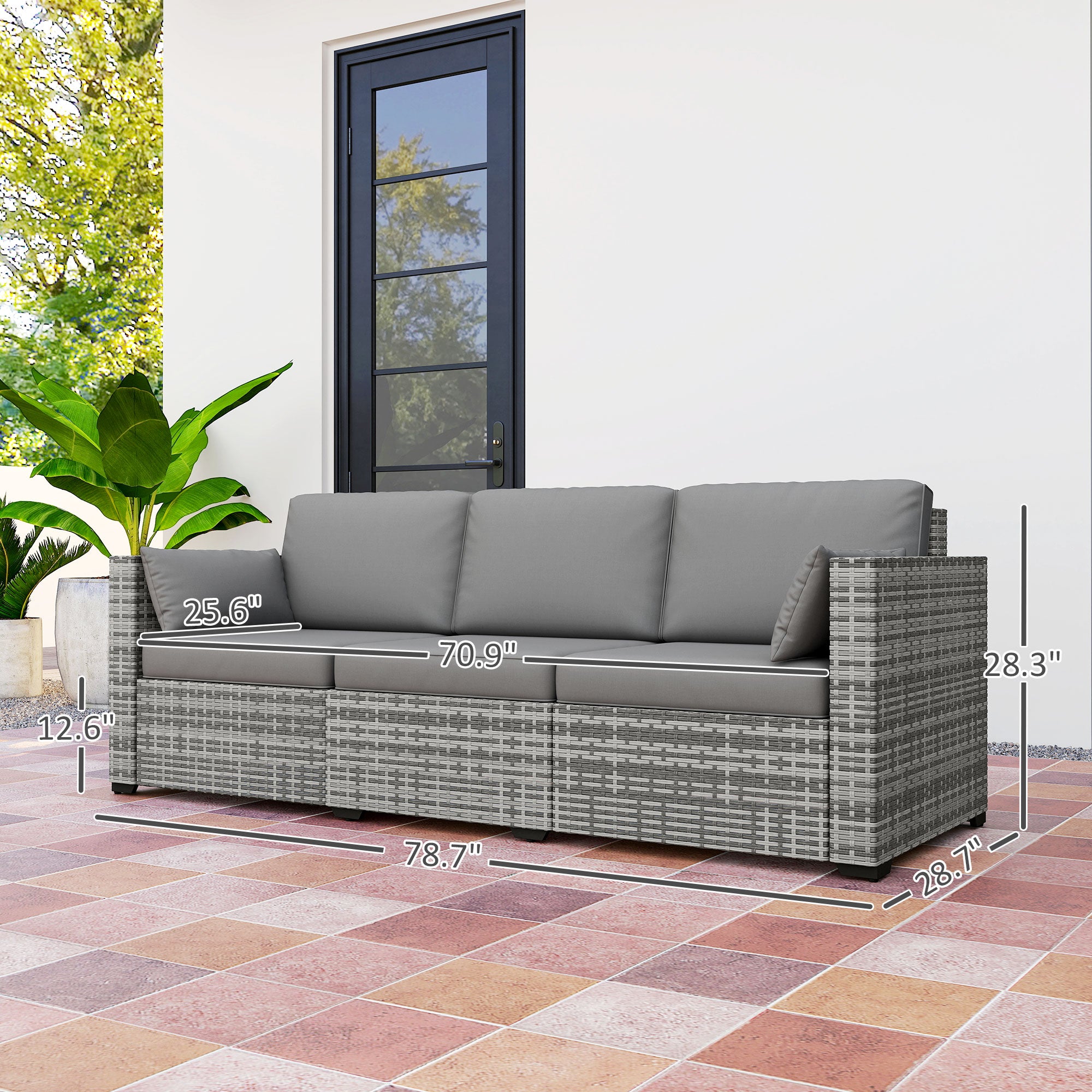 Patio Couch PE Wicker Deep Seating Outdoor Sofa with Removable Cushions, 3 Seater Rattan Sofa, Outdoor Furniture for Balcony, Deck, Garden and Poolside, Gray