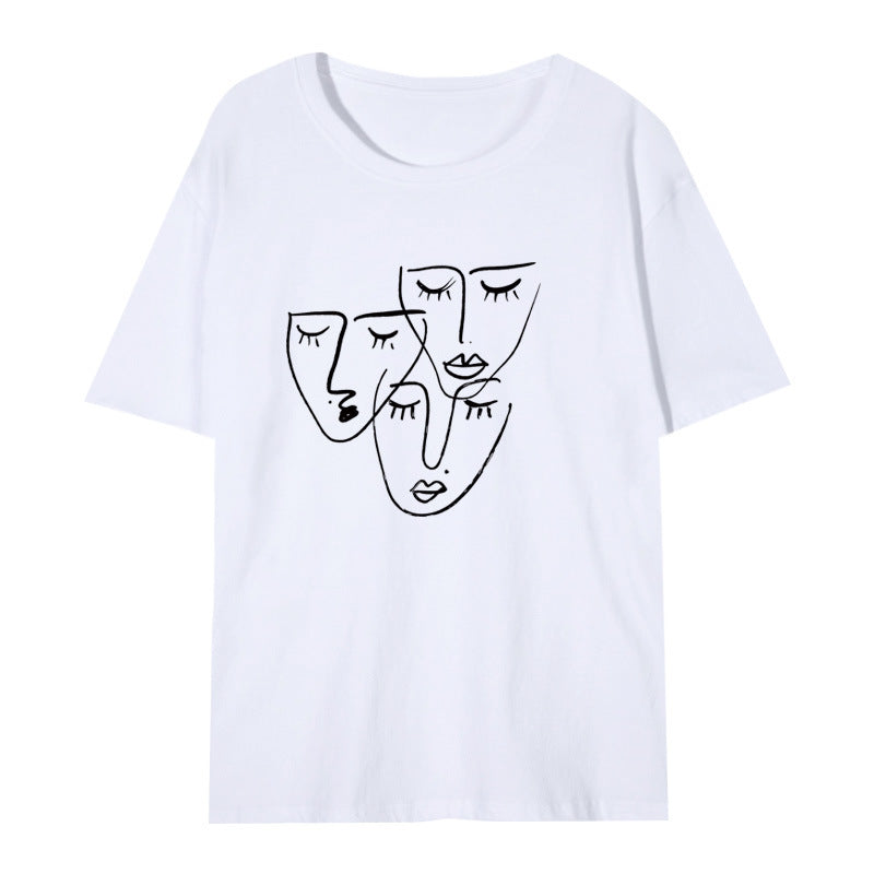 Women's Loose Printed T-shirt With Characteristic Line Face Mask