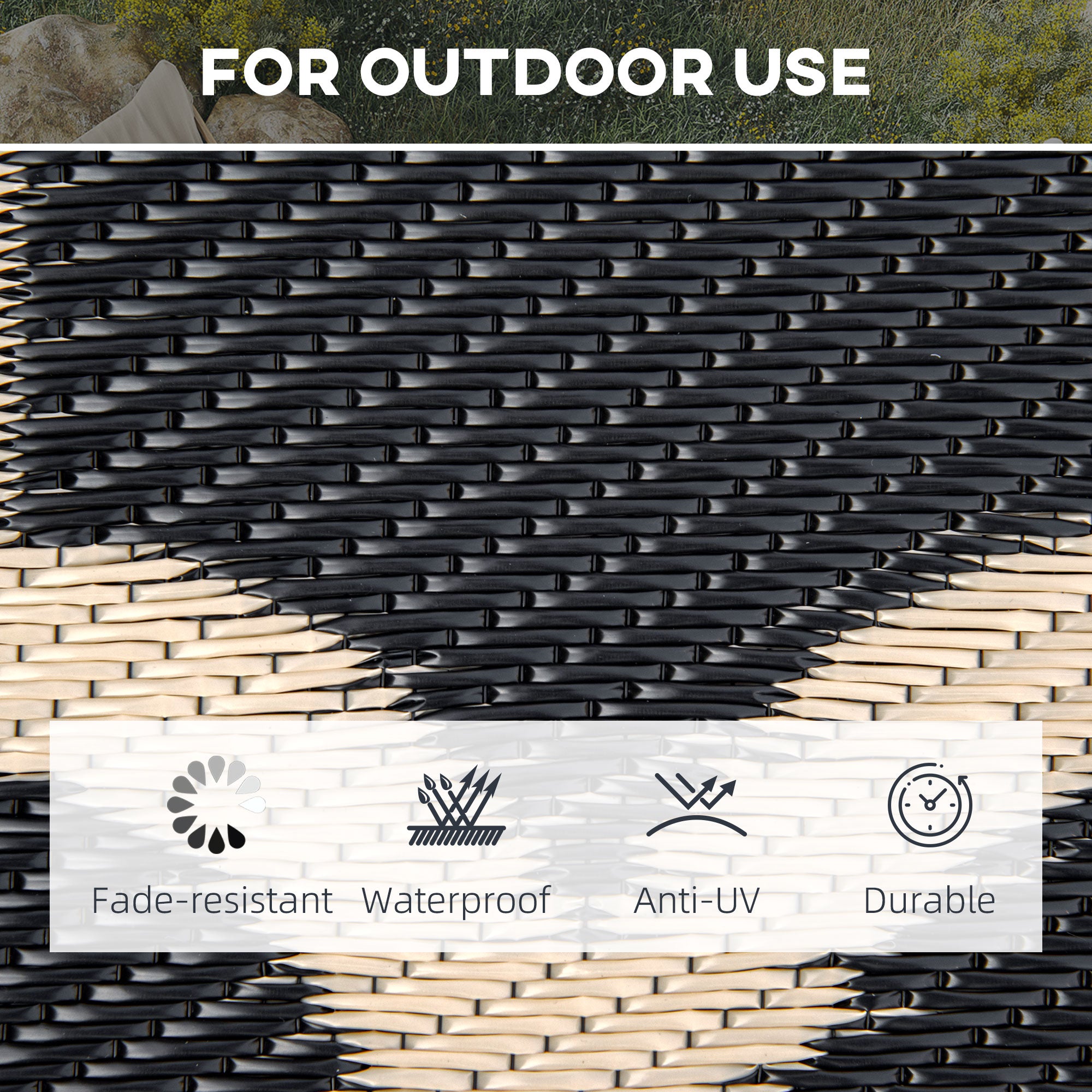 Reversible Outdoor Rug, 9' x 18' Waterproof Plastic Straw Floor Mat, Portable RV Camping Carpet, Large Floor Mat for Deck, Backyard, Picnic, Beach, Black & Beige