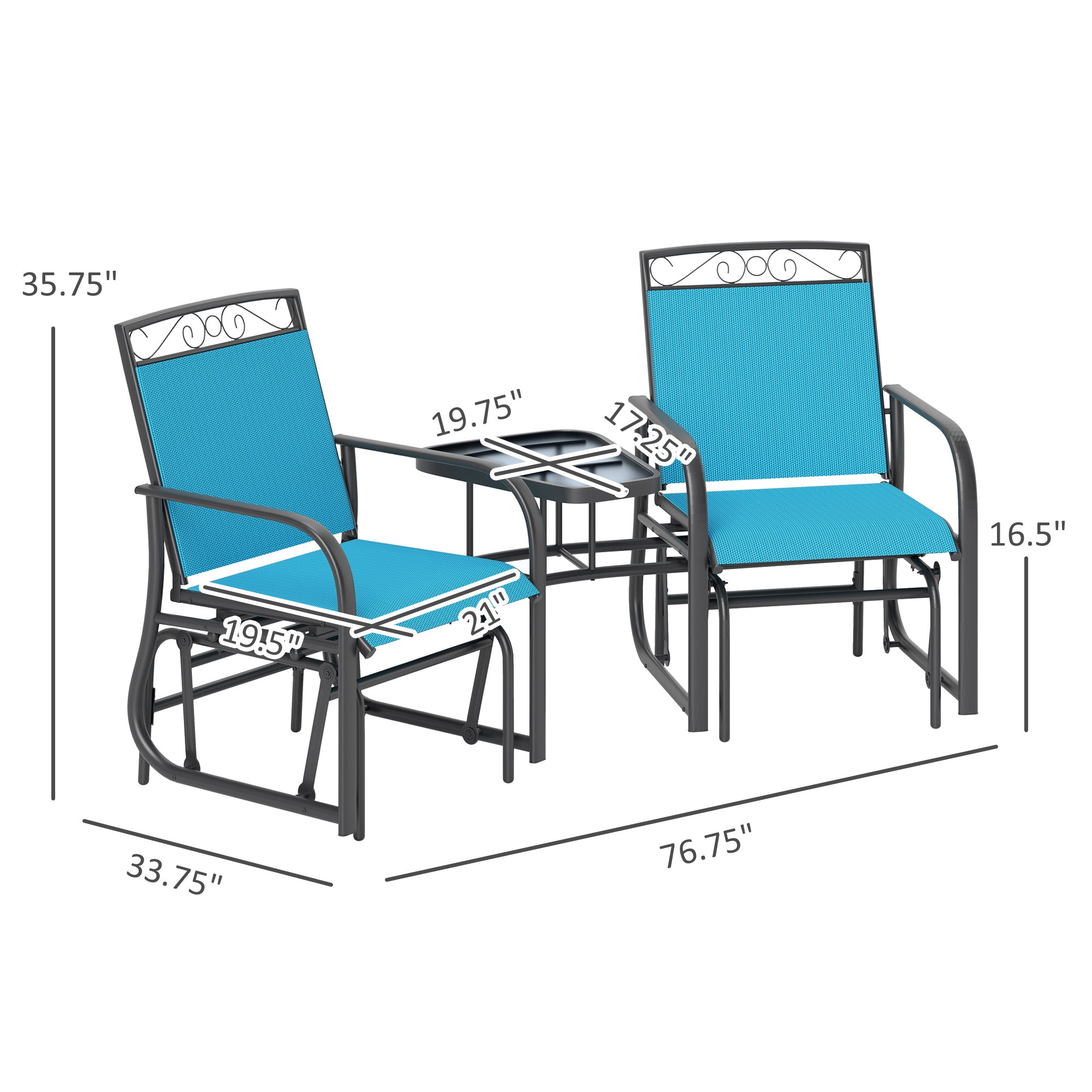 Outdoor Glider Chairs With Coffee Table, Patio 2-Seat Rocking Chair Swing With Breathable Sling For Backyard, Blue
