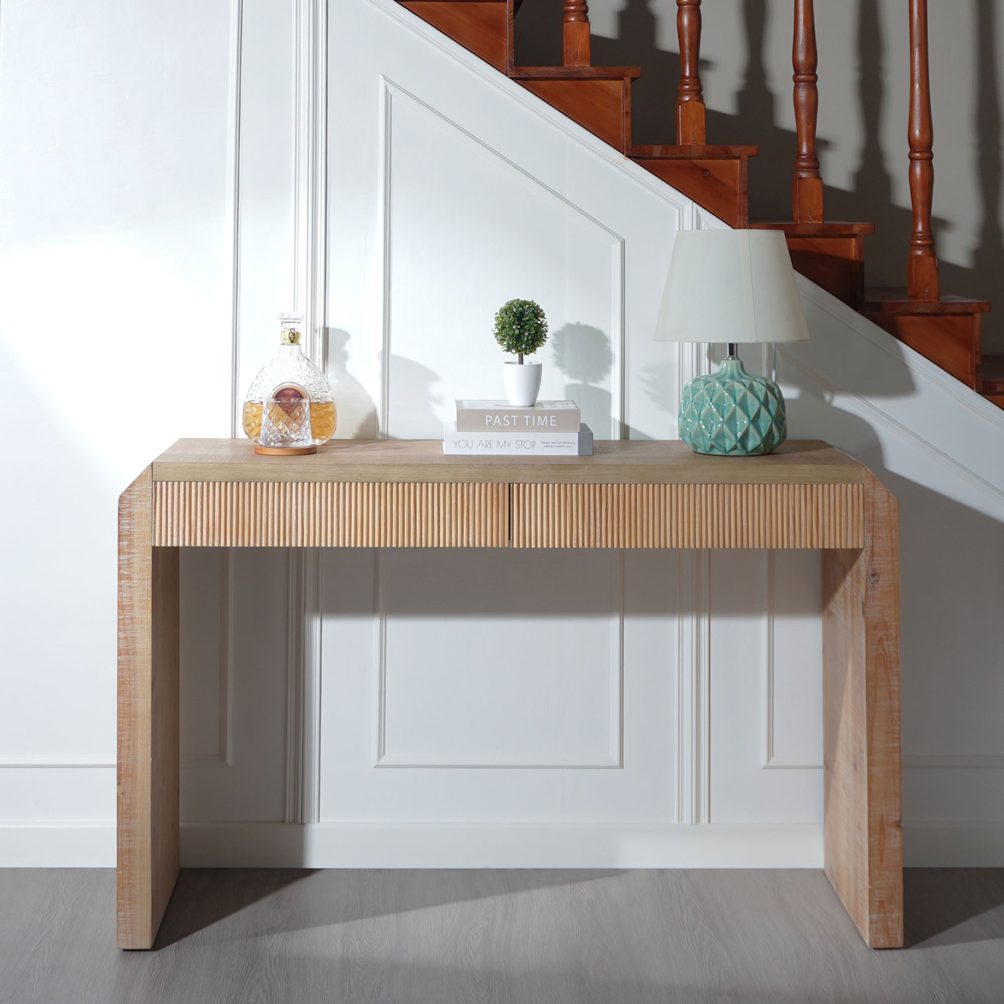 Rustic Wooden Console Table With Drawer- Minimalist Design, Ribbed Texture, And Natural Finish