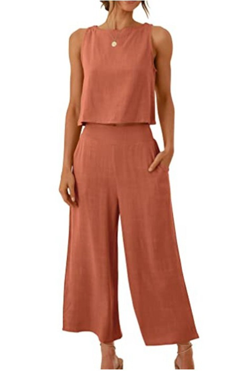 Sleeveless Vest Cropped Wide-leg Pants Suit