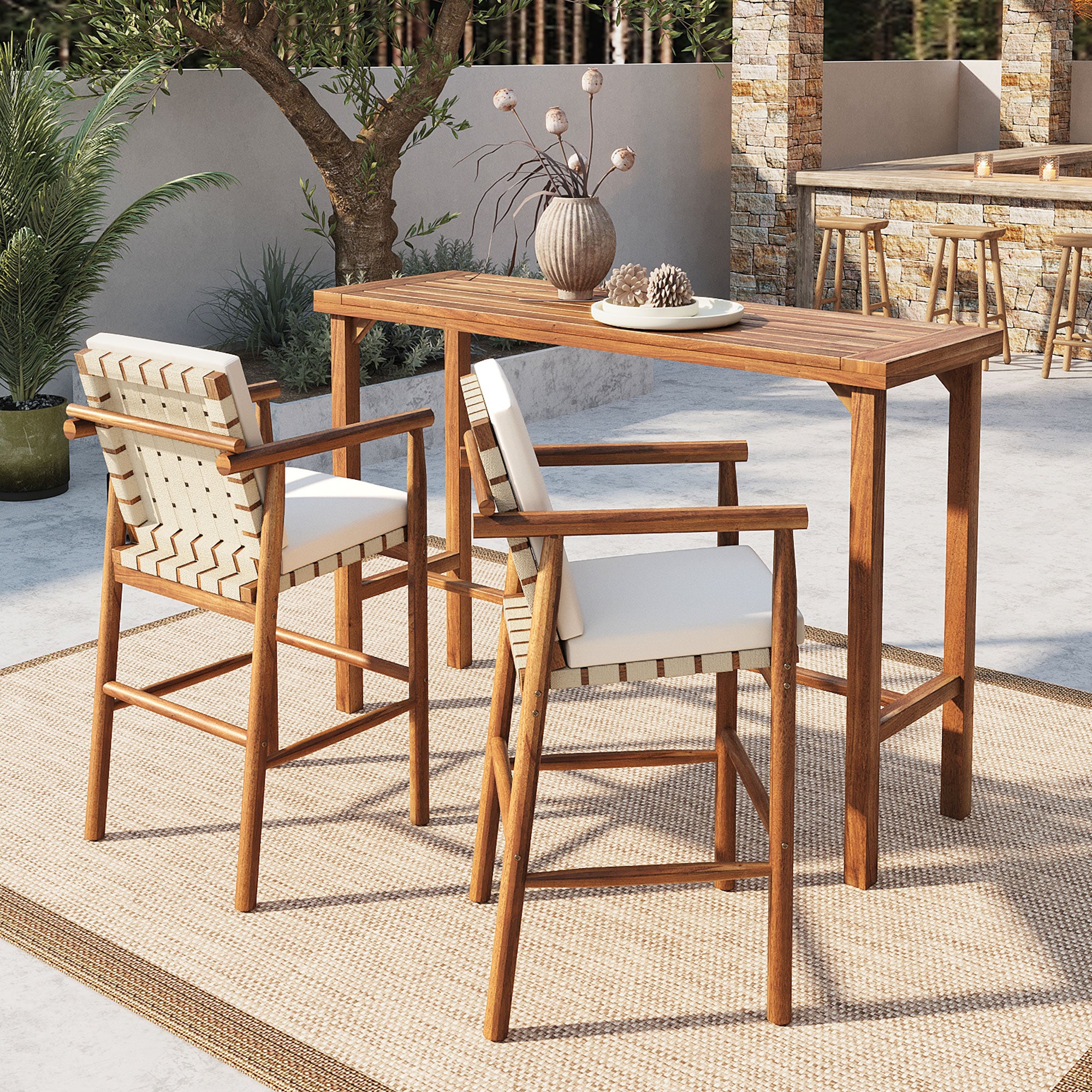 3 Piece Outdoor Bar Set, Patio Acacia Wood Bar Height Table & 2 Stools With Cushions, Wood Dining Bar Set For Backyard, Poolside, Balcony, Beige Cushions