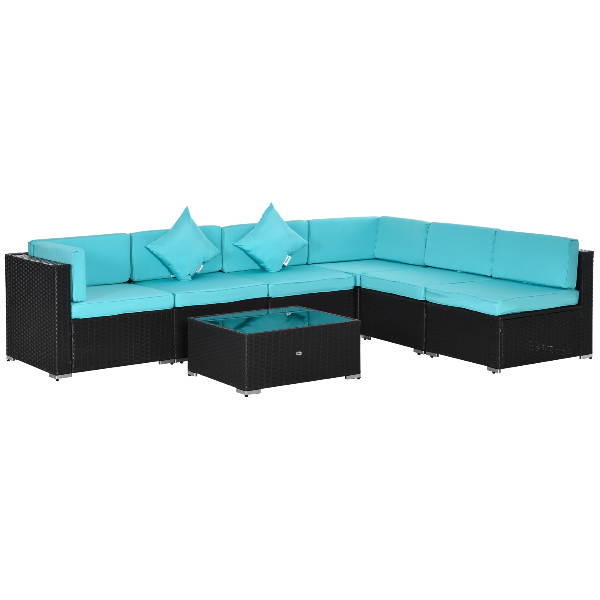 7-Piece Patio Furniture Set, Outdoor Wicker Conversation Set, All Weather PE Rattan Sectional Sofa Set with Cushions and Tempered Glass Top Coffee Table, Pillows, Turquoise
