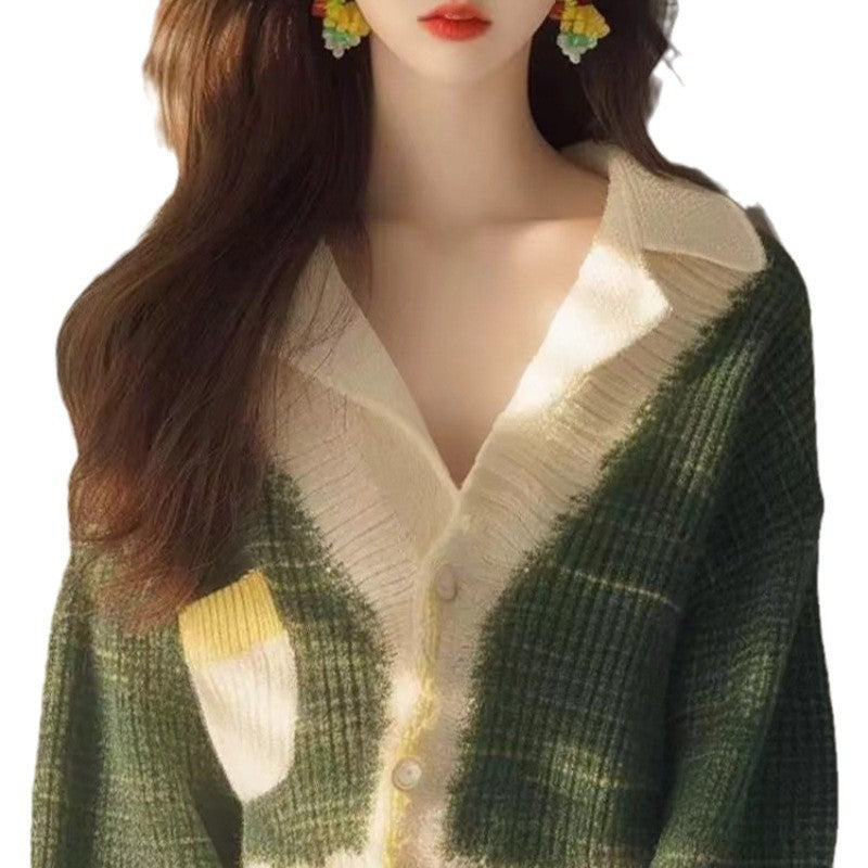 V-neck Knitted Long Sleeves Cardigan Green Sweater