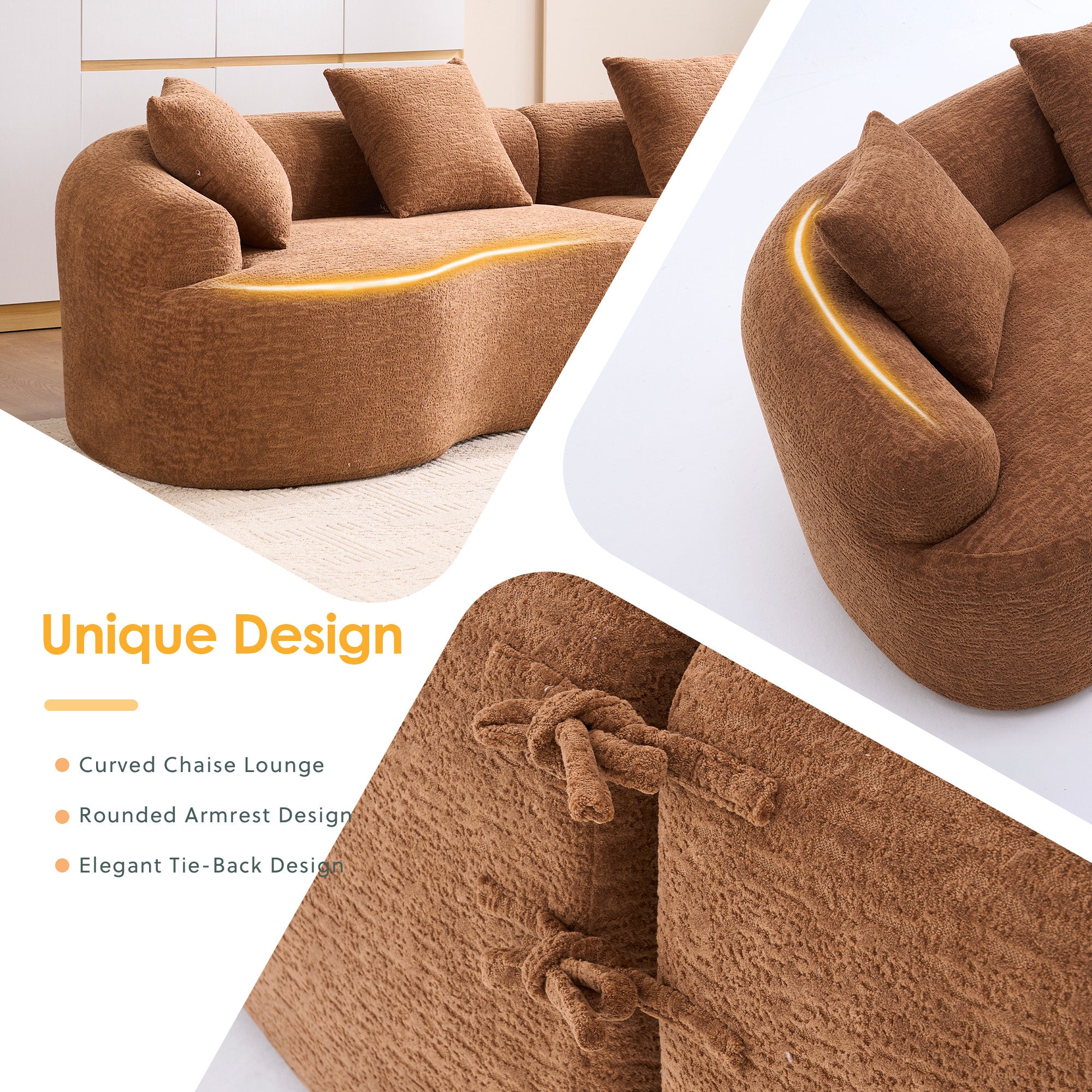 Compression Sponge Sofa Orange Curved Modular Sectional  30D High-Density Chenille Sleeper Couch For Apartment  Living Room 110L