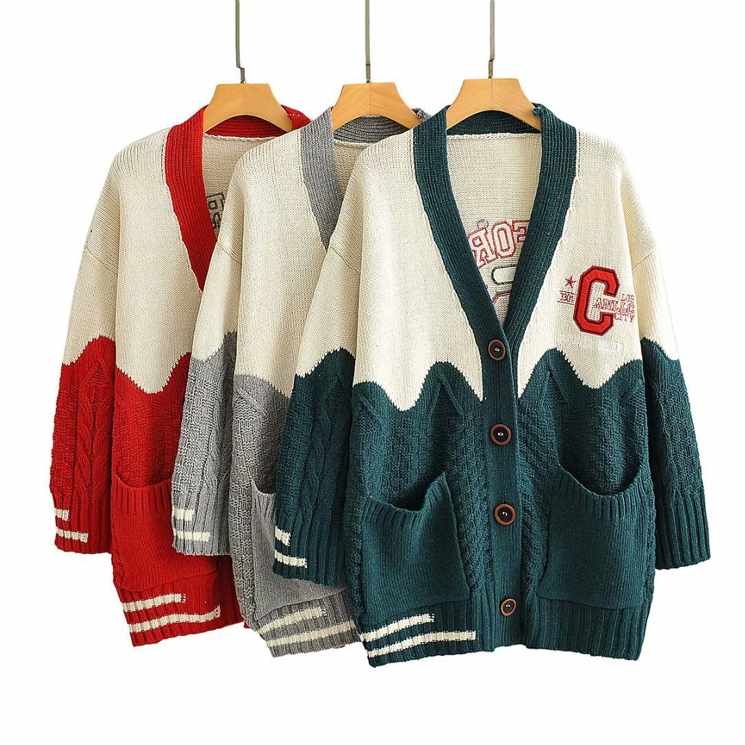 V-neck contrast letter cardigan sweater women