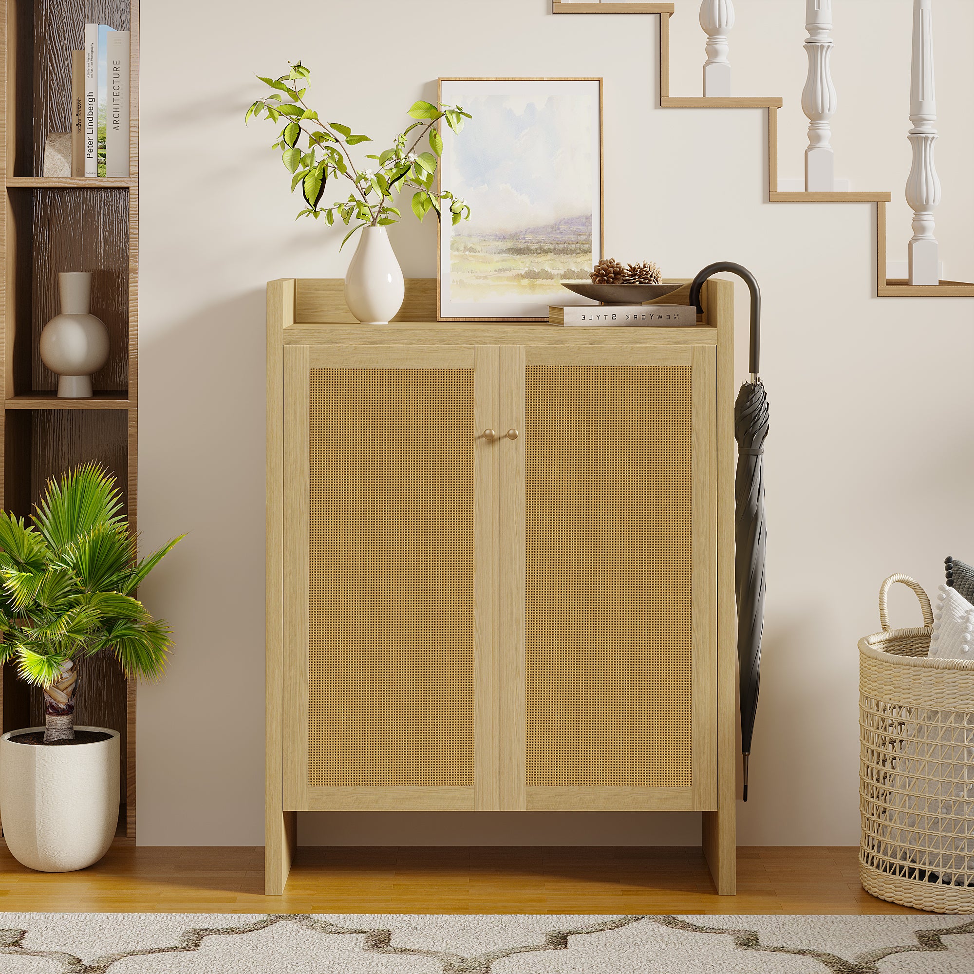 42.5 Tall Rattan Shoe Cabinet With Doors, 6-Tier Shoe Storage Cabinet With Adjustable Shelves, Wooden Freestanding Shoe Organizer Shoe Cabinet For Entryway,Hallway,Living Room Natural