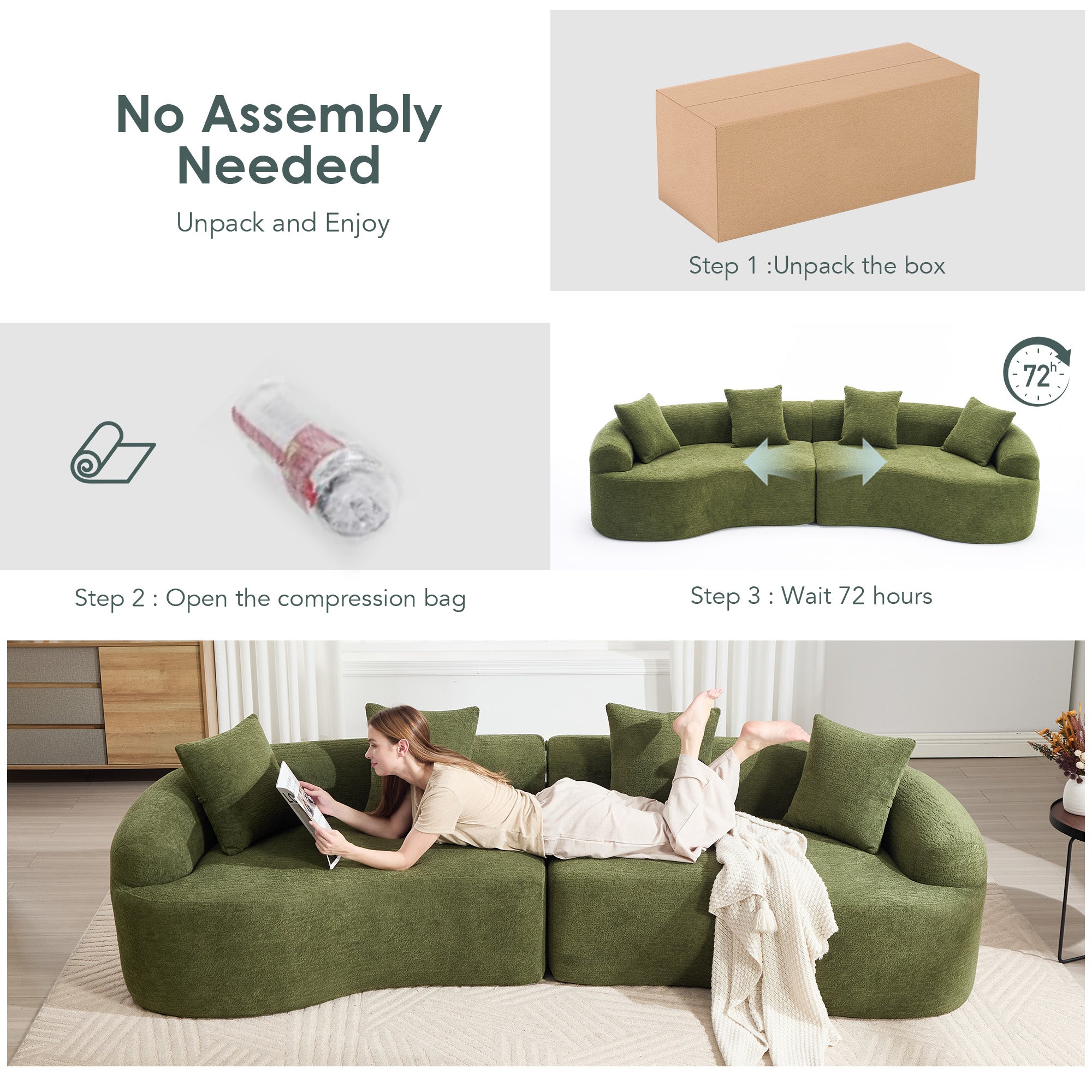 Curved Boneless Sofa Compression Modular 110'' Sectional Green High-Density Couches Sleeper For Living Room Bedroom Apartment Lounge Chenille