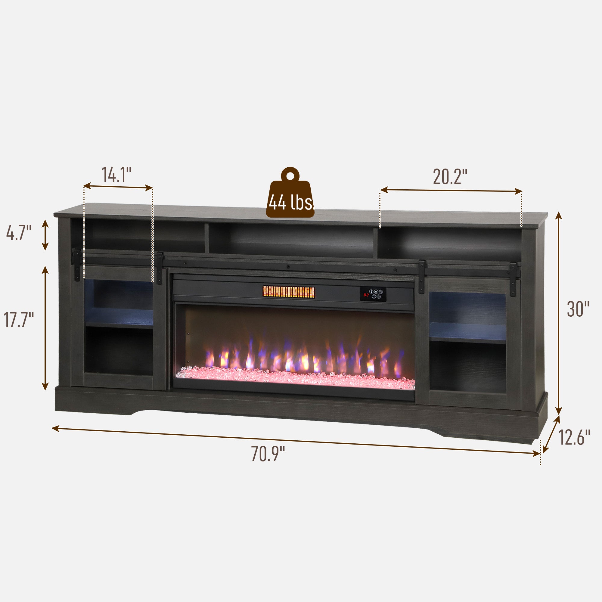 Fireplace TV Stand for TVs Up to 80 Inch, TV Console with Electric Fireplace, Open Storage and Side Cabinets, Gray
