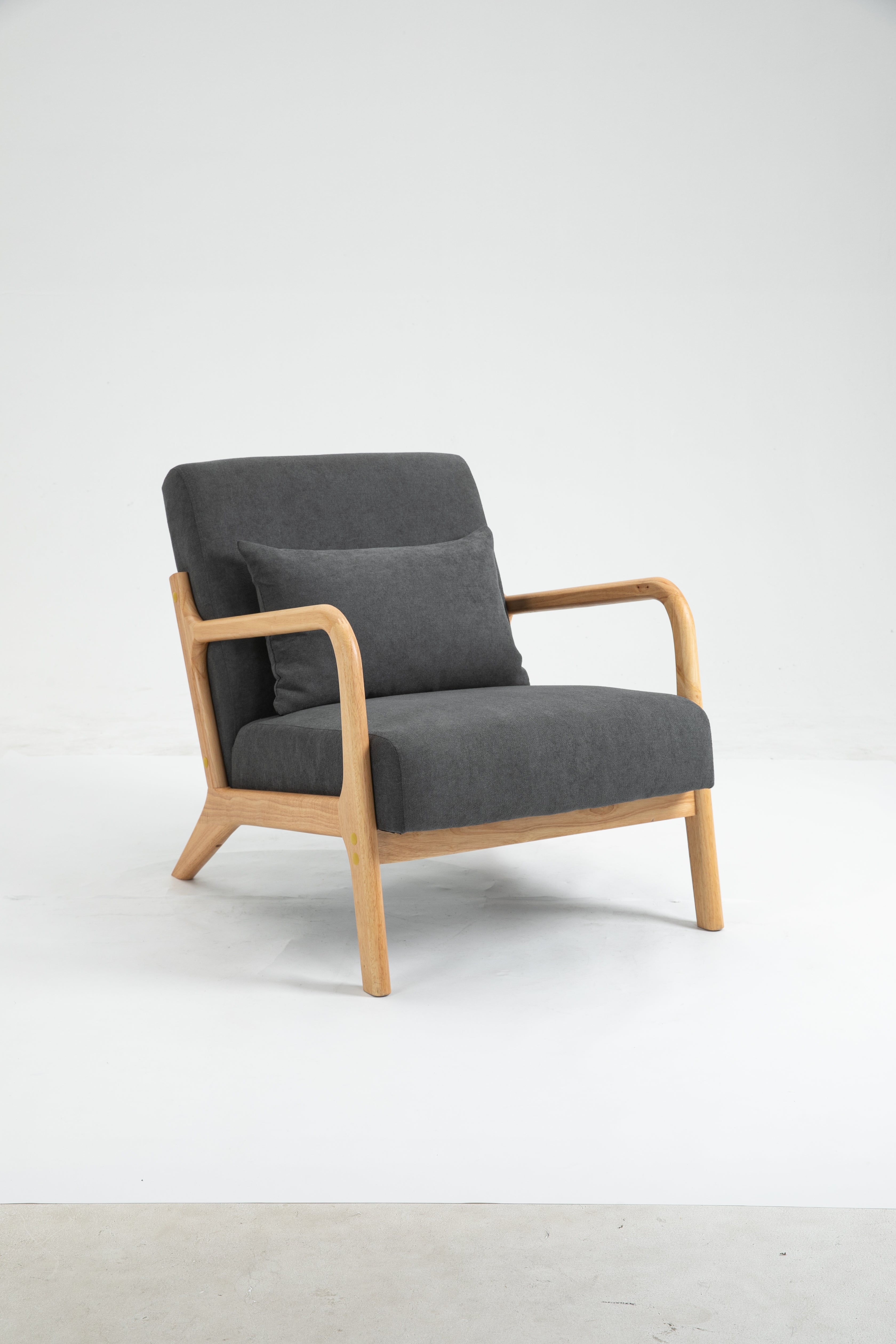 Mid Century Modern Accent Chair With Wood Frame, Upholstered Living Room Chairs With Waist Cushion, Reading Armchair For Bedroom Sunroom