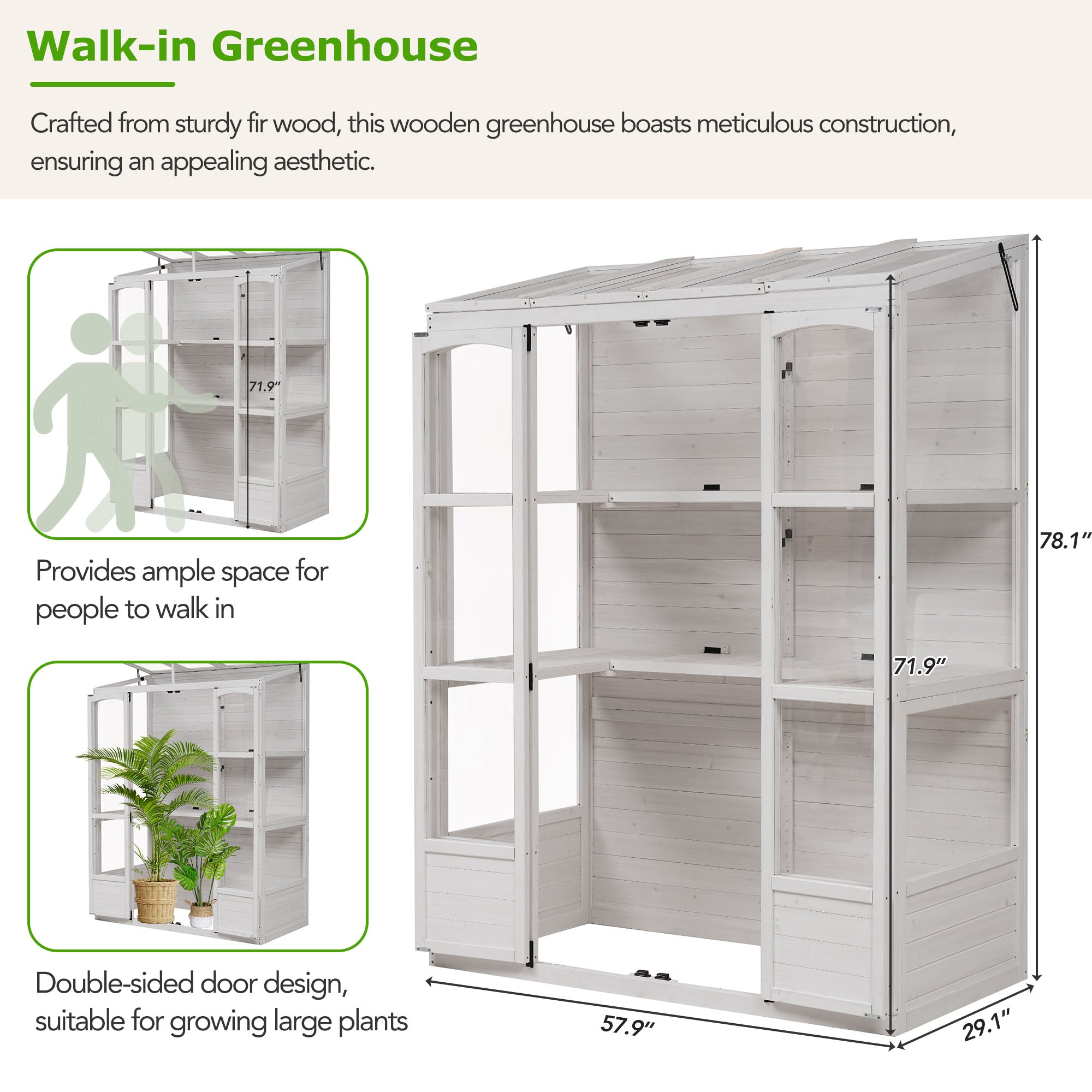 TOPMAX 78-inch Wooden Greenhouse Cold Frame With 4 Independent Skylights And 2 Folding Middle Shelves, Walk-in Outdoor Greenhouse, White