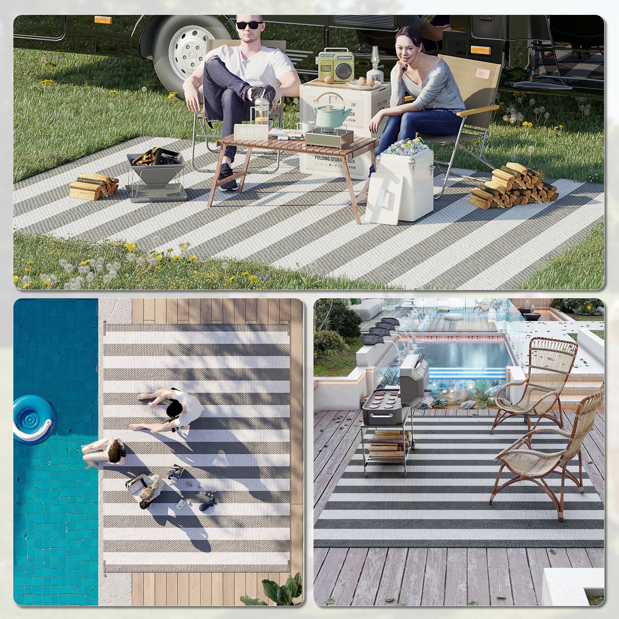 Reversible Outdoor Rug, 9' x 12' Waterproof Plastic Straw Floor Mat, Portable RV Camping Carpet, Large Floor Mat for Backyard, Deck, Picnic, Beach, Gray & White Striped