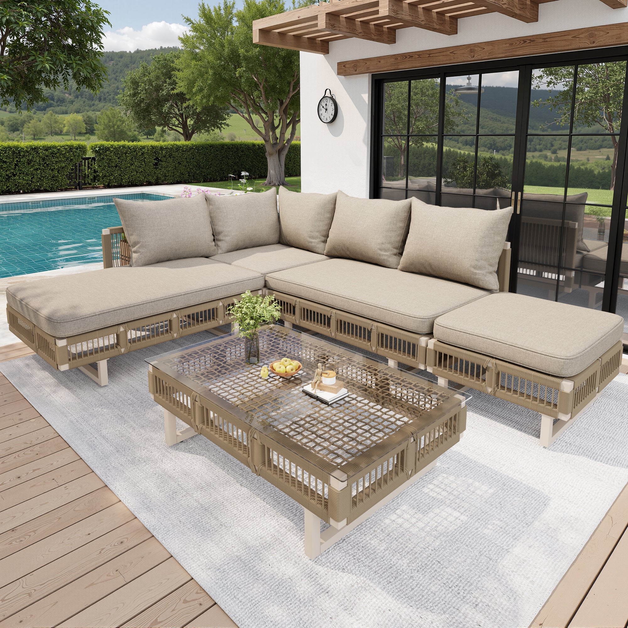 Modular Rope-Woven Outdoor Sofa Set With Tempered Glass Coffee Table, 10cm Thick Cushions, For Patio & Poolside