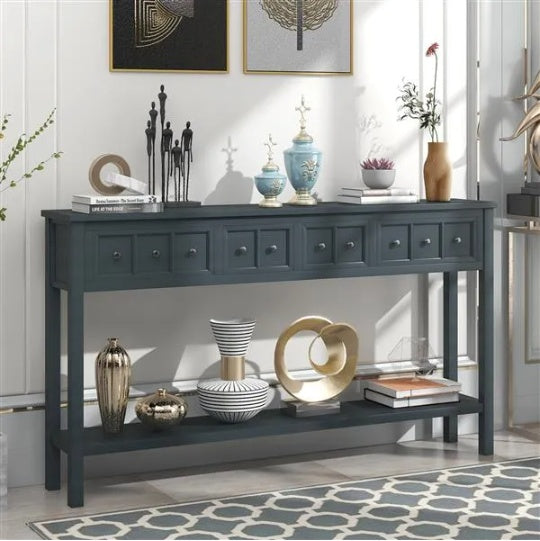 Rustic Entryway Console Table, 60 Long Sofa Table With Two Different Size Drawers And Bottom Shelf For Storage