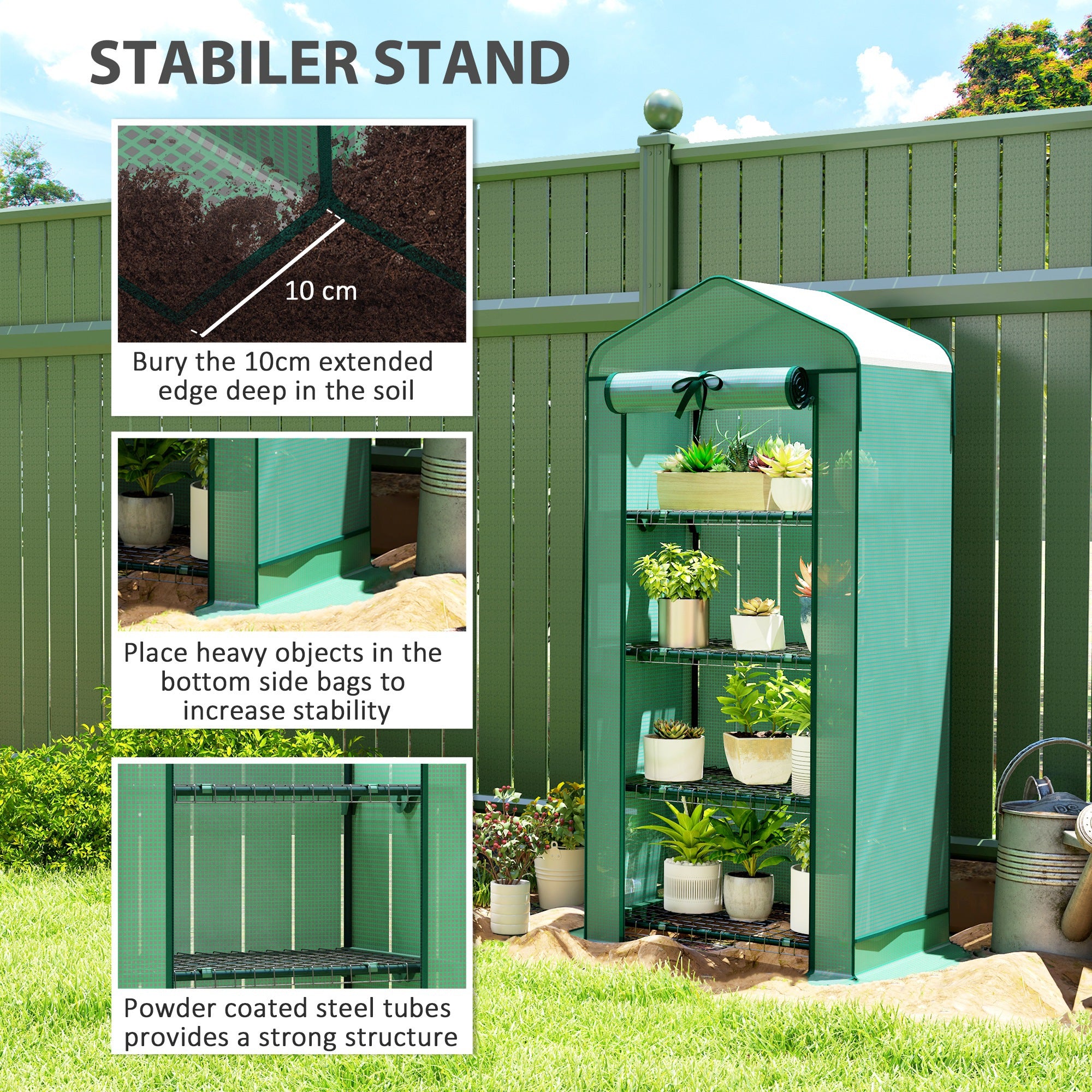 Mini Greenhouse with Screen Roof, 4 Tier Portable Small Greenhouse with High Strength PE Cover, Green