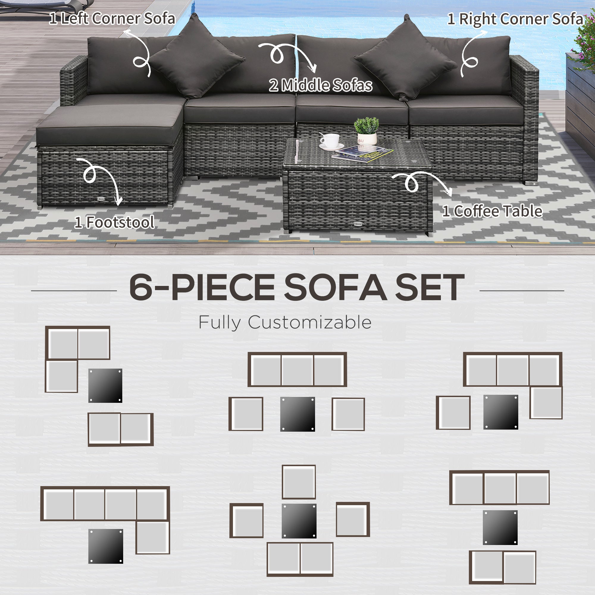 6 Piece Patio Furniture Set Outdoor Wicker Conversation Set All Weather PE Rattan Sectional Sofa Set with Ottoman, Cushions and Tempered Glass Table, Mixed Gray and Charcoal