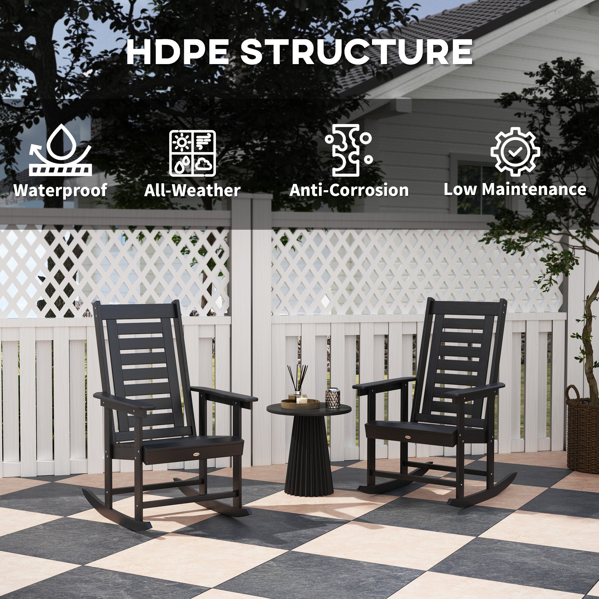 2 Pieces Outdoor Rocking Chairs, HDPE Patio Rockers With 28" High Back, Wide Armrests For Porch Backyard, Black