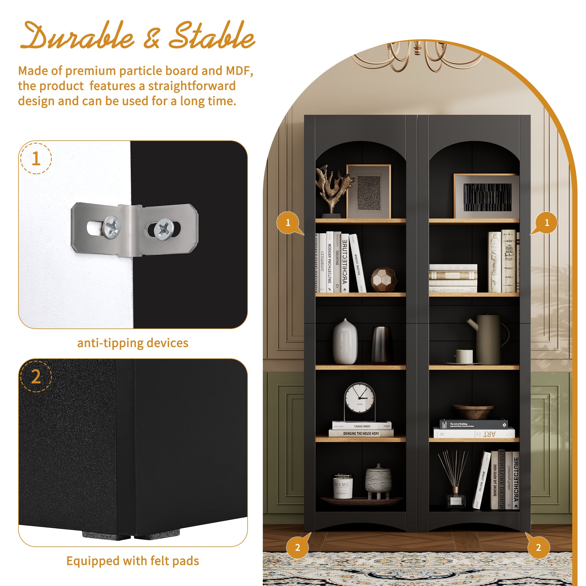 ON-TREND Free Standing 5 Tier Bookshelves, Bookcases Set Of 2, Farmhouse Two-Tone Storage Cabinet With Adjustable Shelves, Modern 72H Kitchen Pantry Cabinet For Living Room, Home Office, Black