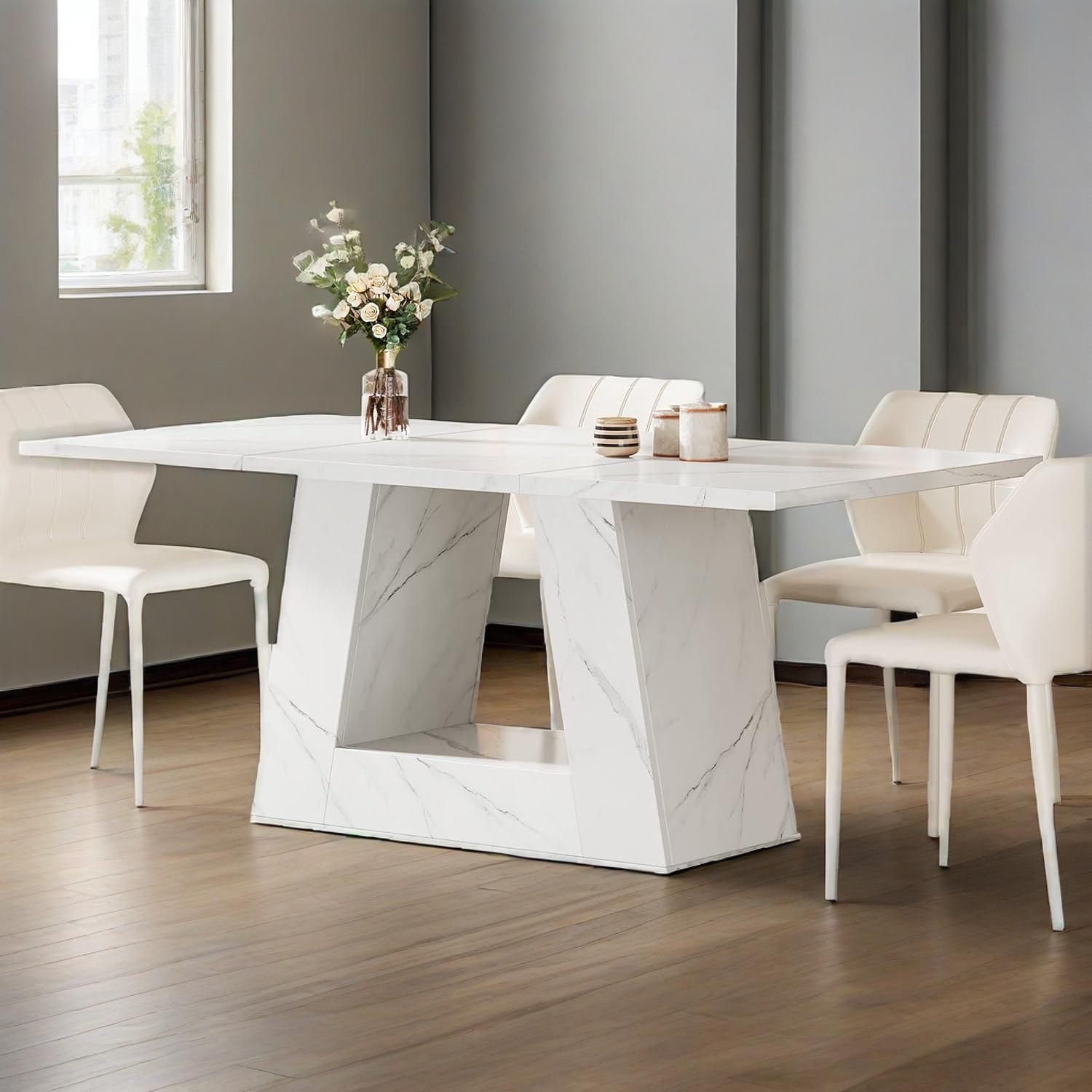 Dining Table For 4 To 6 People, 63" Rectangular Dining Room Table, Modern Wooden Faux Marble Dinner Table With Sturdy Base