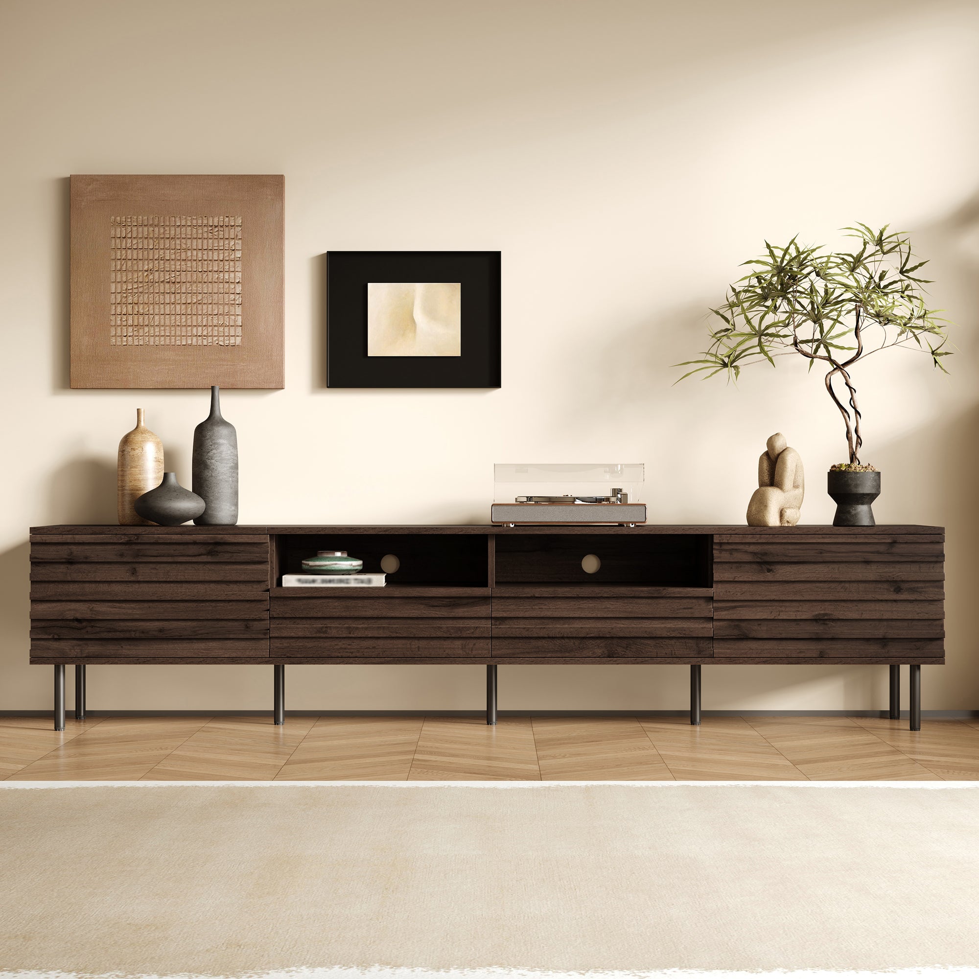 78 Inch Modern TV Stand For TVs Up To 85, Entertainment Center With Closed Storage & Cable Management, Soft-Closing Hinges, Iron Legs For Living Room