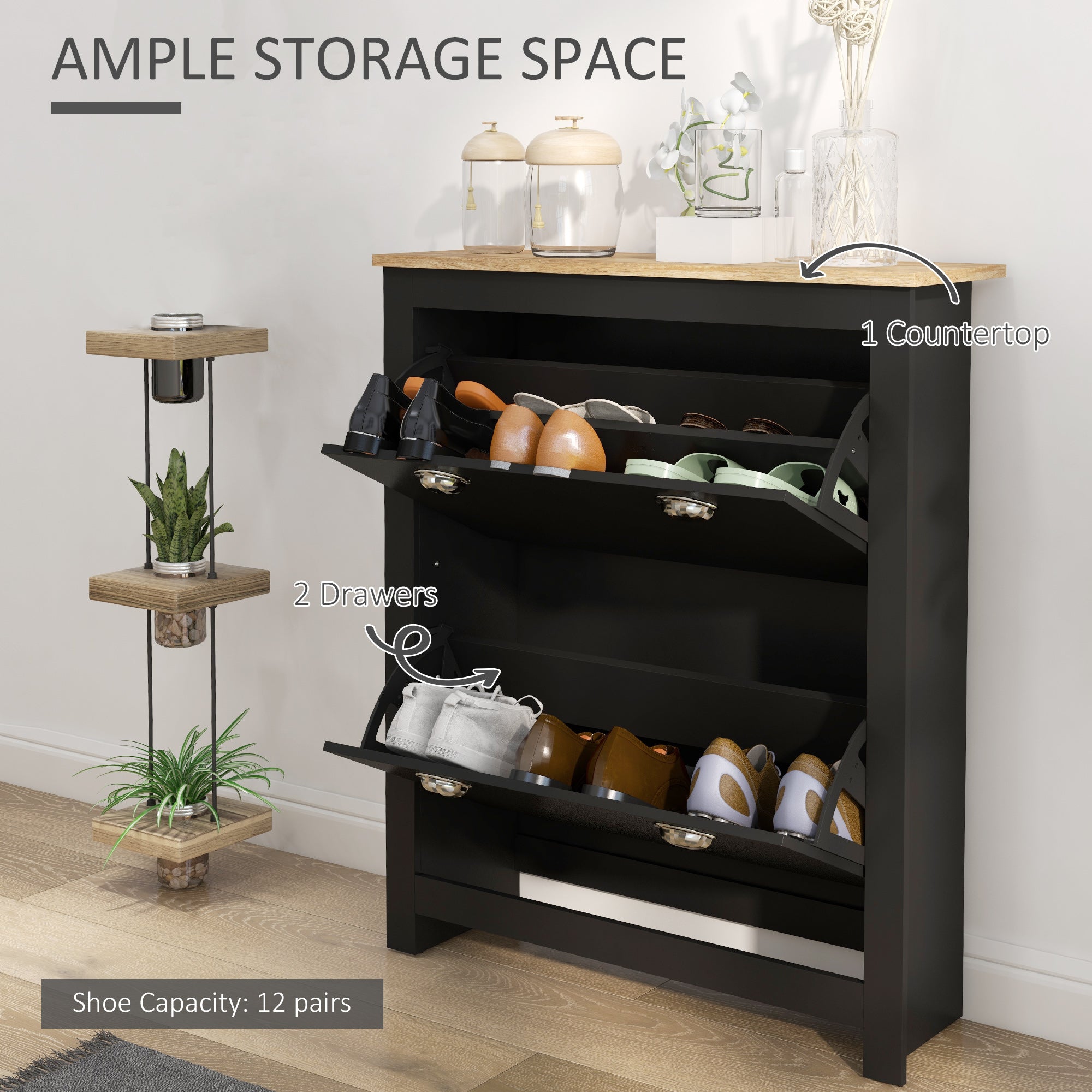 2 Drawer Shoe Cabinet Modern Narrow Shoe Cupboard Hallway Wooden Storage Organiser With Flip Doors Adjustable Shelf For 6-12 Pairs, Black