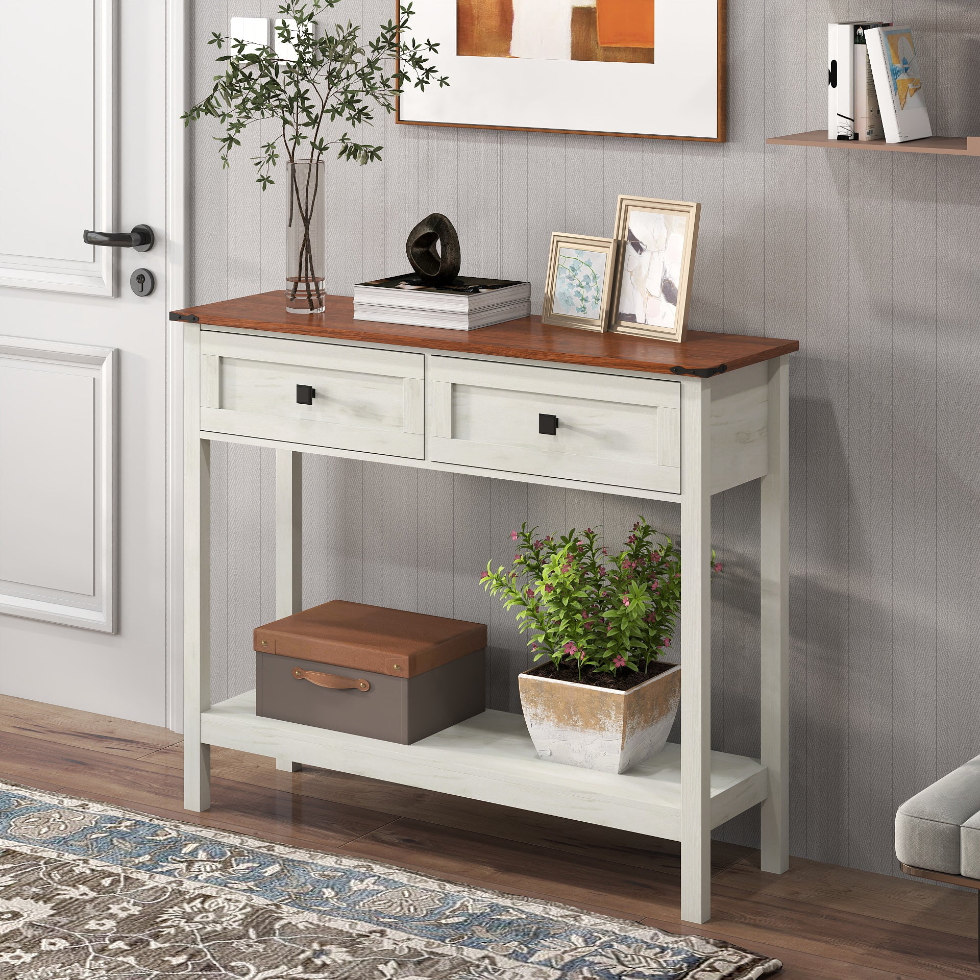 Farmhouse Style Console Table With 2 Drawer And Bottom Storage Shelf For Entryway, Rustic Side Table With Storage Drawer And Shelf For Living Room, Hallway Antique White