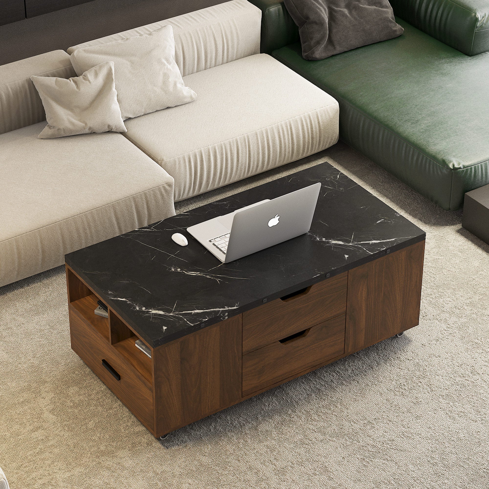 Modern Lift-Up Coffee Table With 2 Stools Set For Living Room Expandable Hidden Storage Drawers Space Saving Folding Dining Table