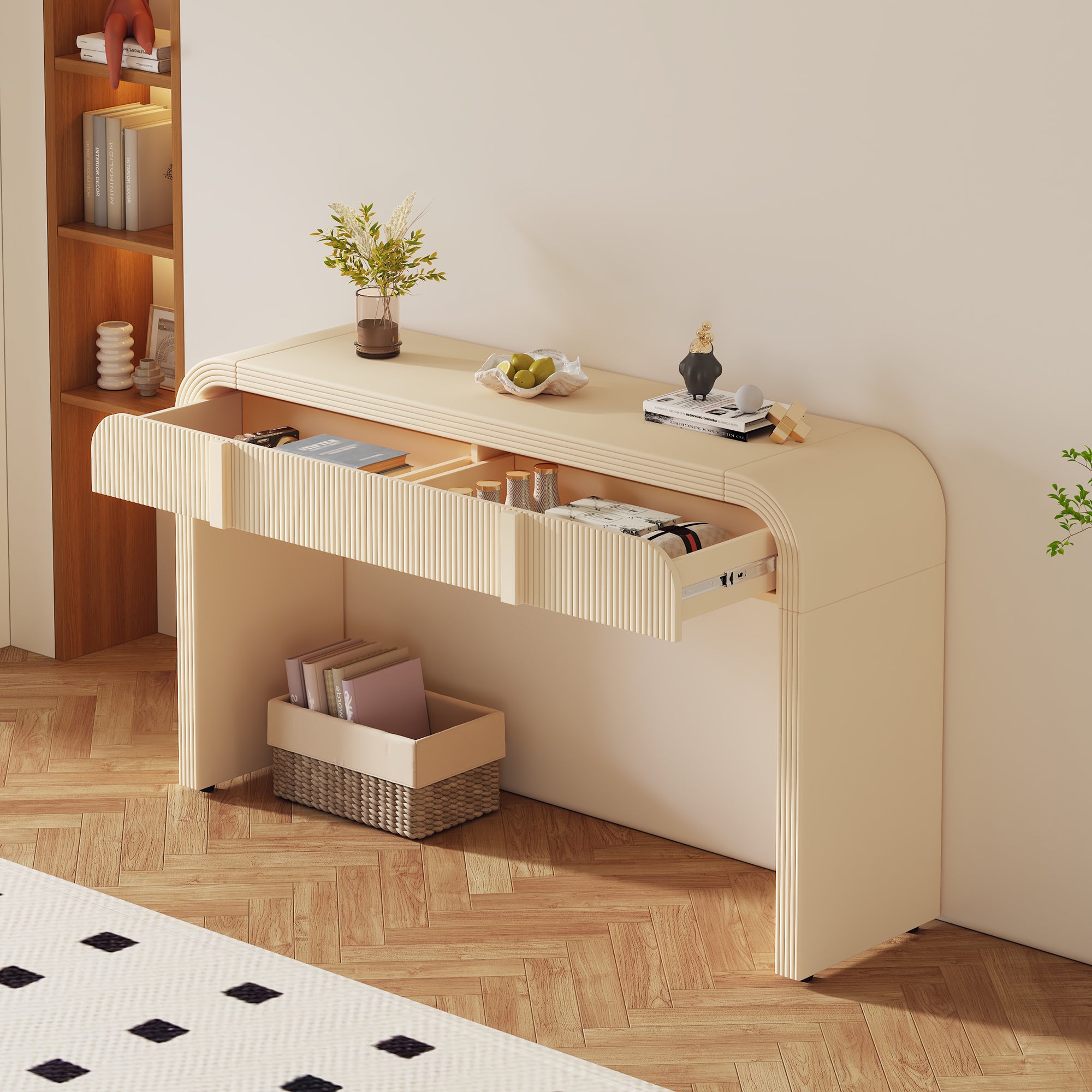 TREXM Modern Console Table With 2 Storage Drawers  Fluted Entryway Table With Rounded Silhouette For Hallway Living Room And Entryway  Apricot Cream