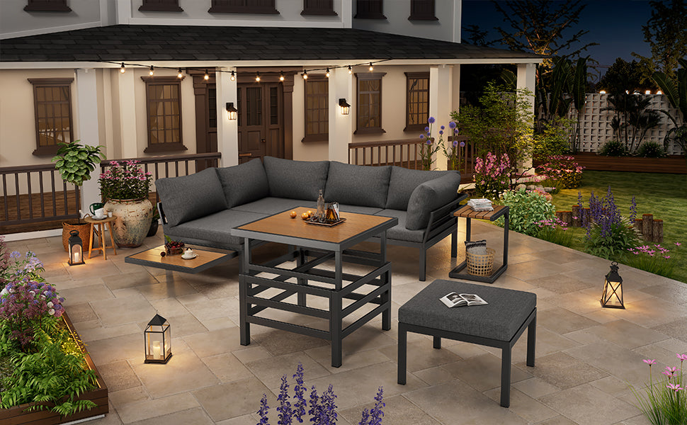 Outdoor Patio Furniture Set  2 Double Sofas  1 Ottoman , 1 Plastic Lift-Top Coffee Table, Galvanized Iron Frame, With Seat Cushions & Pillows, Includes Small Side Table With Extendable Tabletop