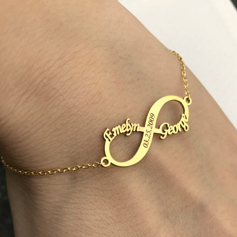 Personalized Jewelry Custom Double Name Date Infinity Bracelet Rose Gold Infinity Nameplate Bracelets Stainless Steel Hand Chain