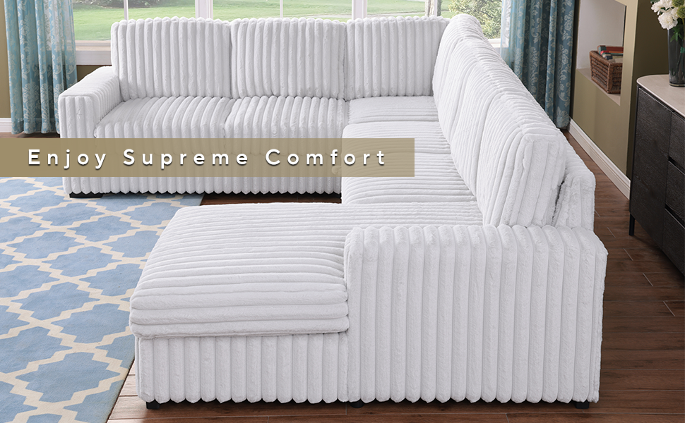 122 Inch Pull Out Couch, Rabbit Plush Fabric Sofa Bed & Comfy Upholstered, Oversized U Shape Sectional Sleeper Sofa Bed With Storage Chaise,GRAYISH WHITE