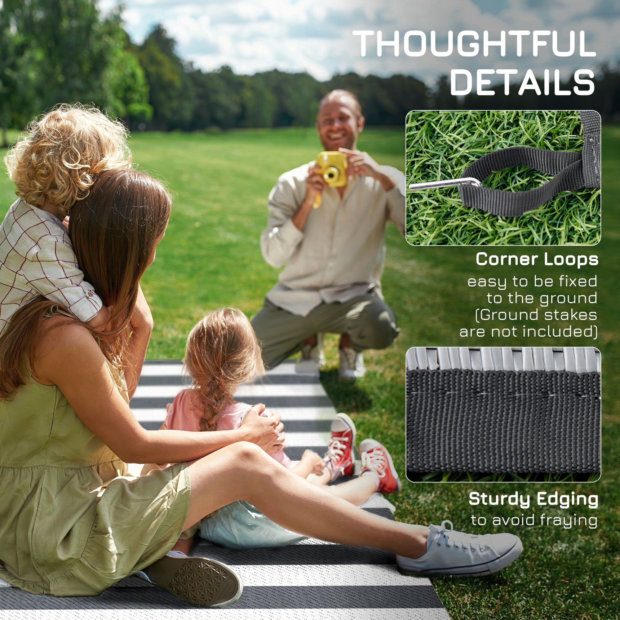 Reversible Outdoor Rug, 9' x 12' Waterproof Plastic Straw Floor Mat, Portable RV Camping Carpet, Large Floor Mat for Backyard, Deck, Picnic, Beach, Gray & White Striped