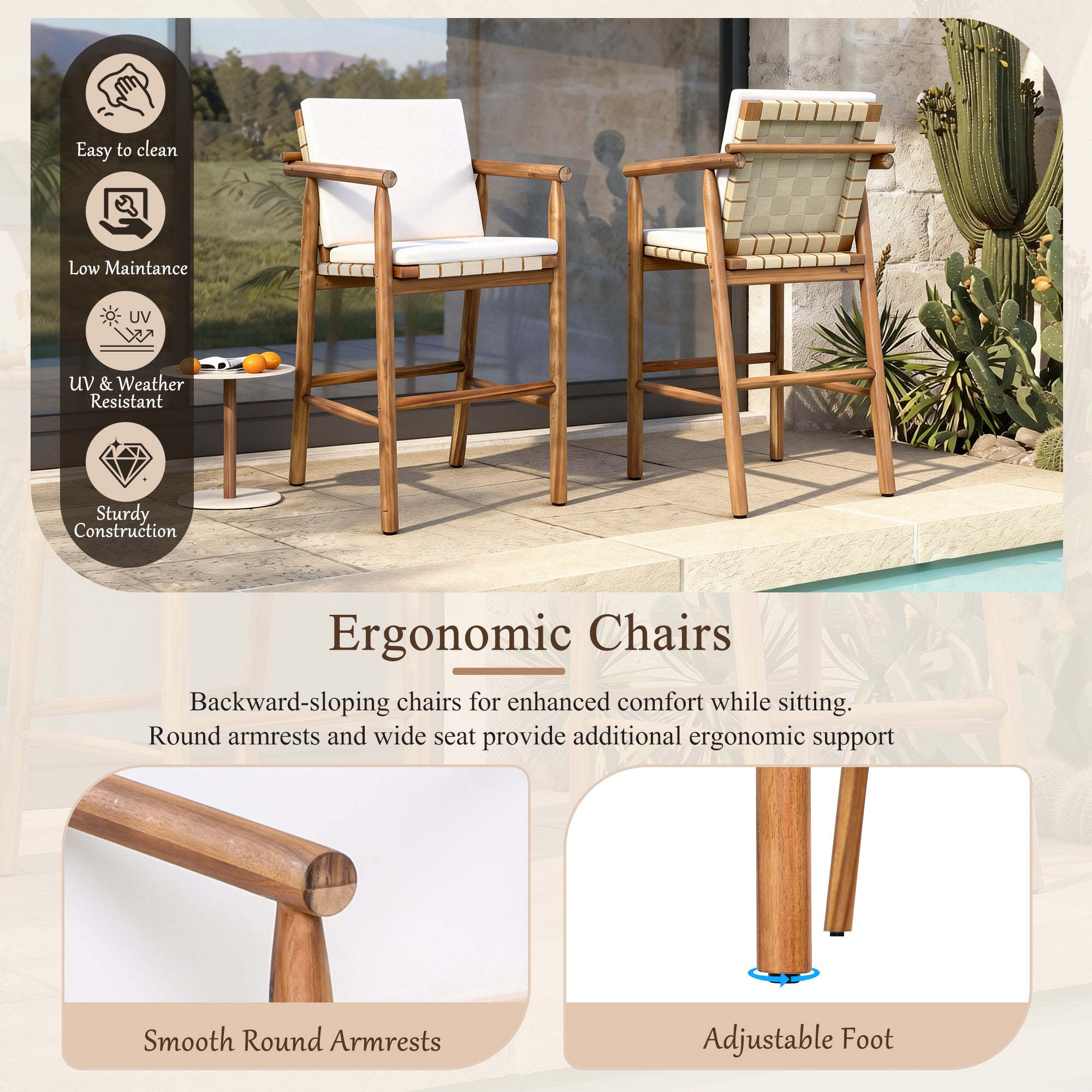 3 Piece Outdoor Bar Set, Patio Acacia Wood Bar Height Table & 2 Stools With Cushions, Wood Dining Bar Set For Backyard, Poolside, Balcony, Beige Cushions
