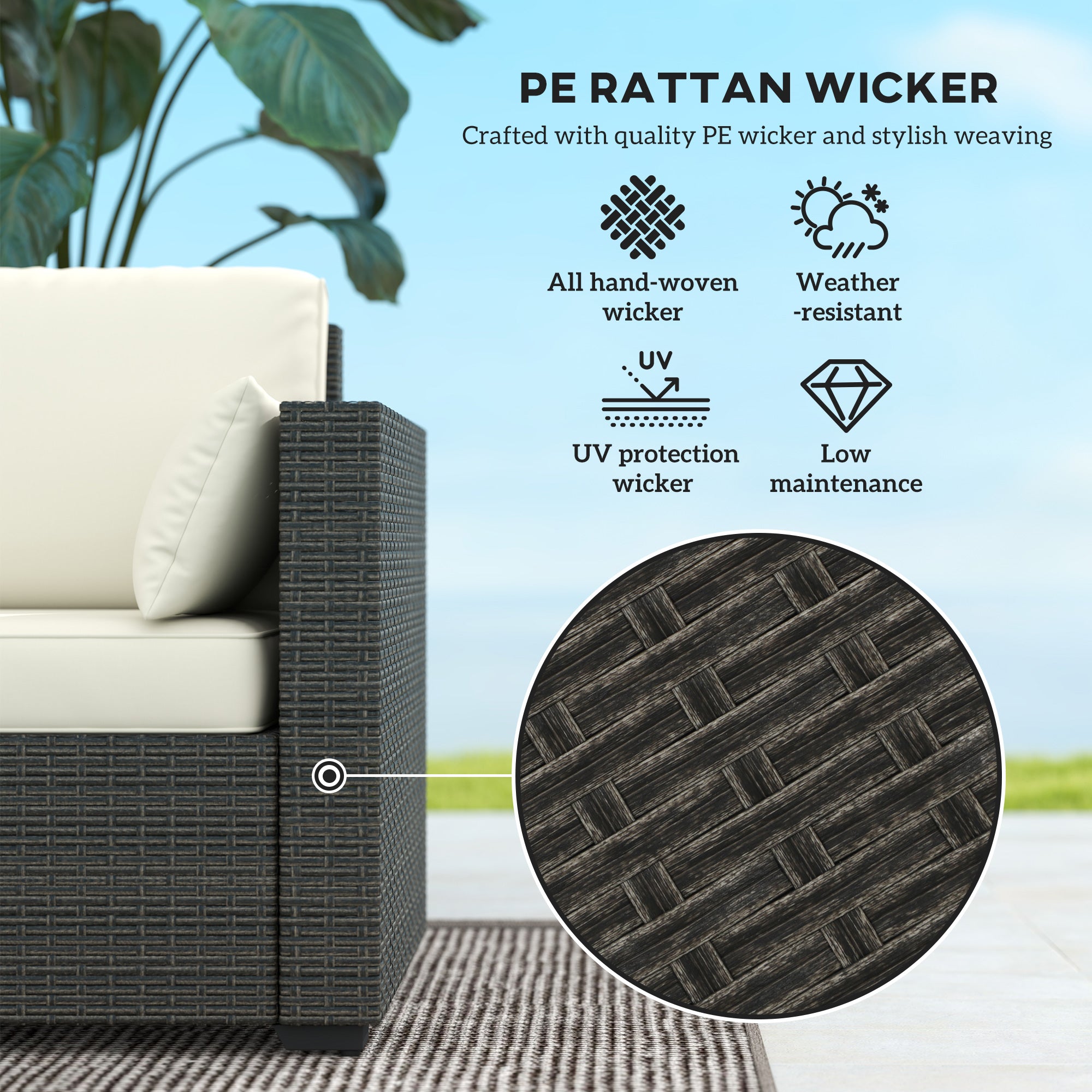 Patio Couch PE Wicker Deep Seating Outdoor Sofa with Removable Cushions, 3 Seater Rattan Sofa, Outdoor Furniture for Balcony, Deck, Garden and Poolside, Cream White