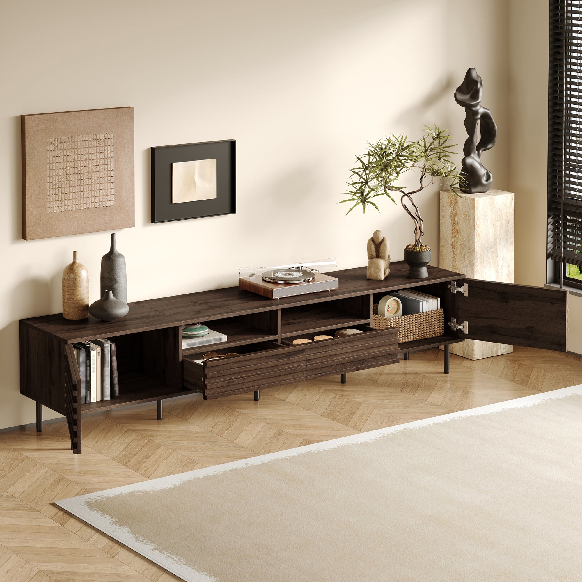 78 Inch Modern TV Stand For TVs Up To 85, Entertainment Center With Closed Storage & Cable Management, Soft-Closing Hinges, Iron Legs For Living Room