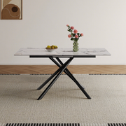 59-inch Modern Rectangle Expandable Dining Table With Retractable Leaf  Sintered Stone Top & Black Carbon Steel X-Base  Sturdy 4-6 Person Table For Small Apartments  Kitchen  Dining Room