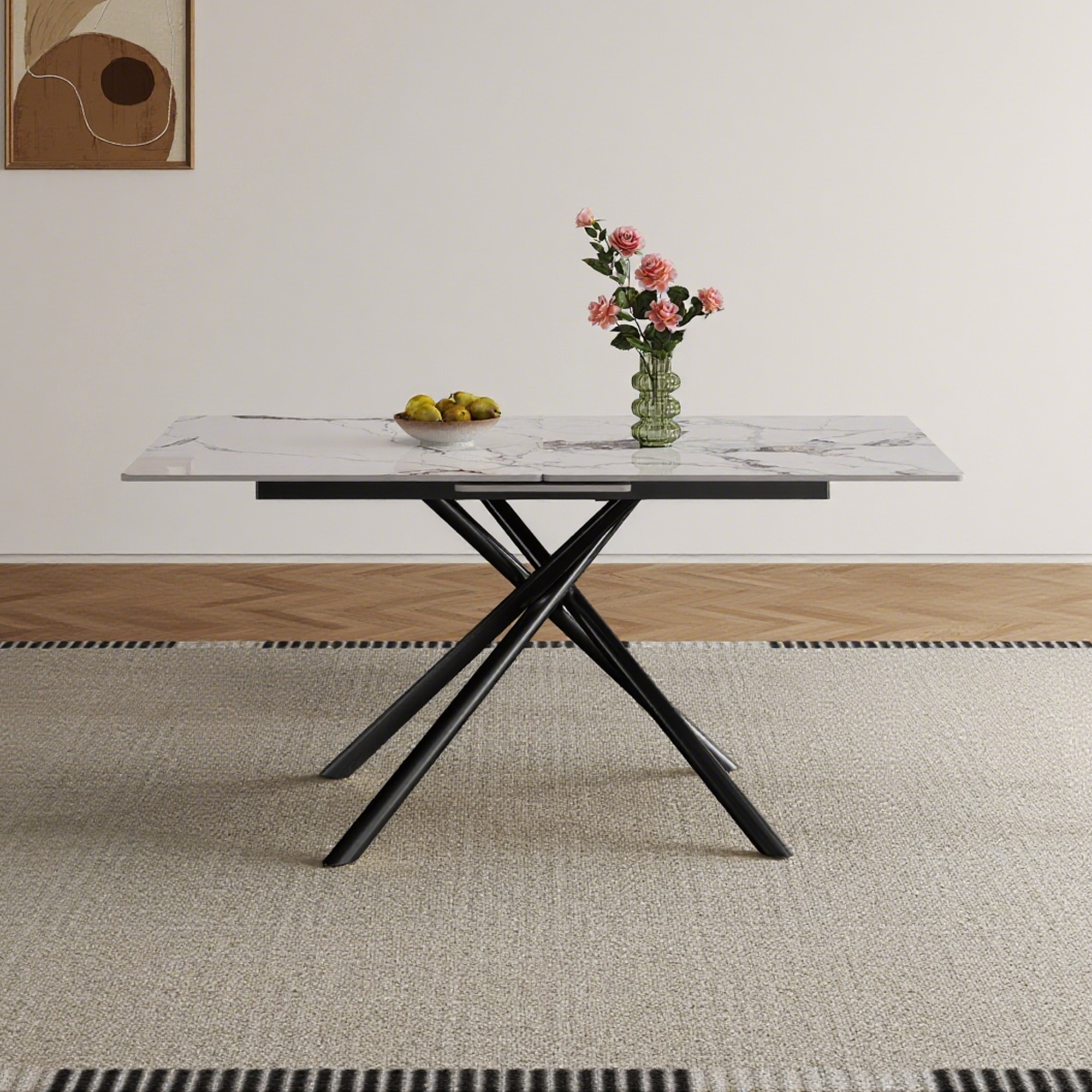 59-inch Modern Rectangle Expandable Dining Table With Retractable Leaf  Sintered Stone Top & Black Carbon Steel X-Base  Sturdy 4-6 Person Table For Small Apartments  Kitchen  Dining Room