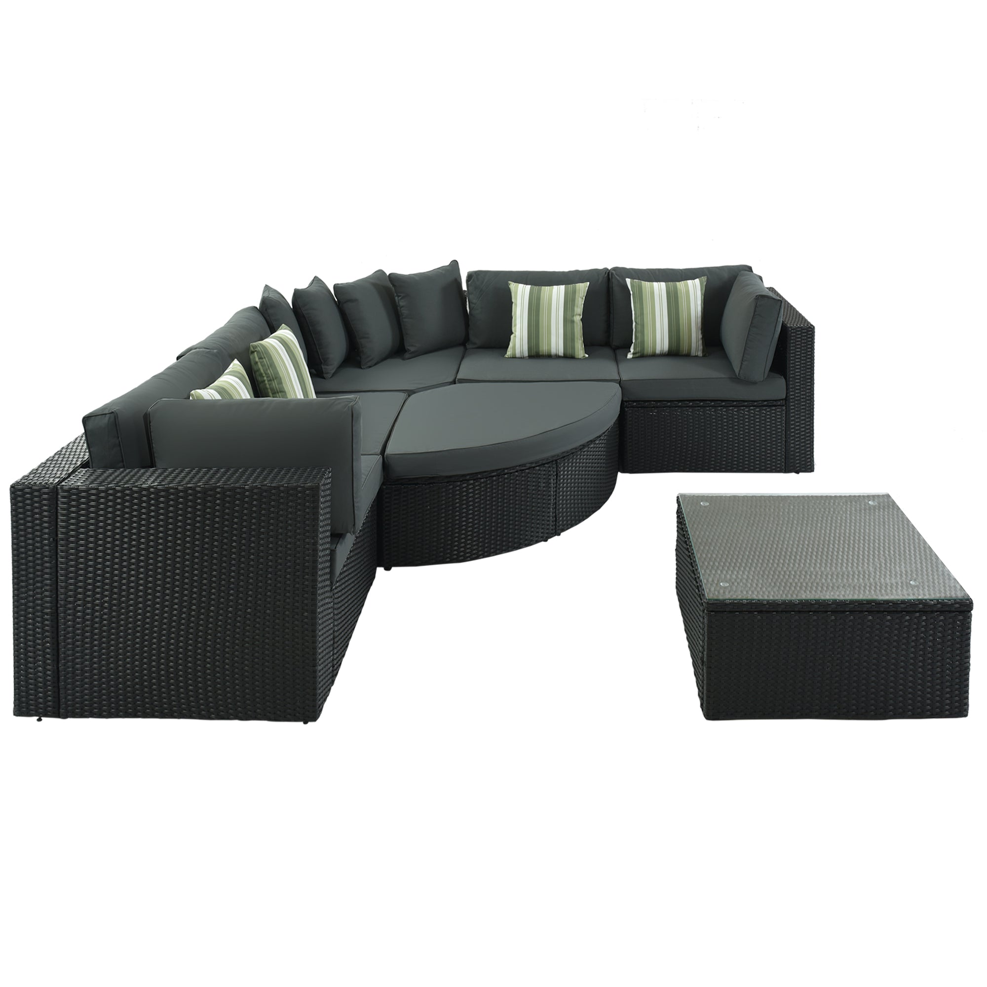 GO 7-piece Outdoor Wicker Sofa Set, Rattan Sofa Lounger, With Striped Green Pillows, Conversation Sofa, For Patio, Garden, Deck, Black Wicker, Gray Cushion