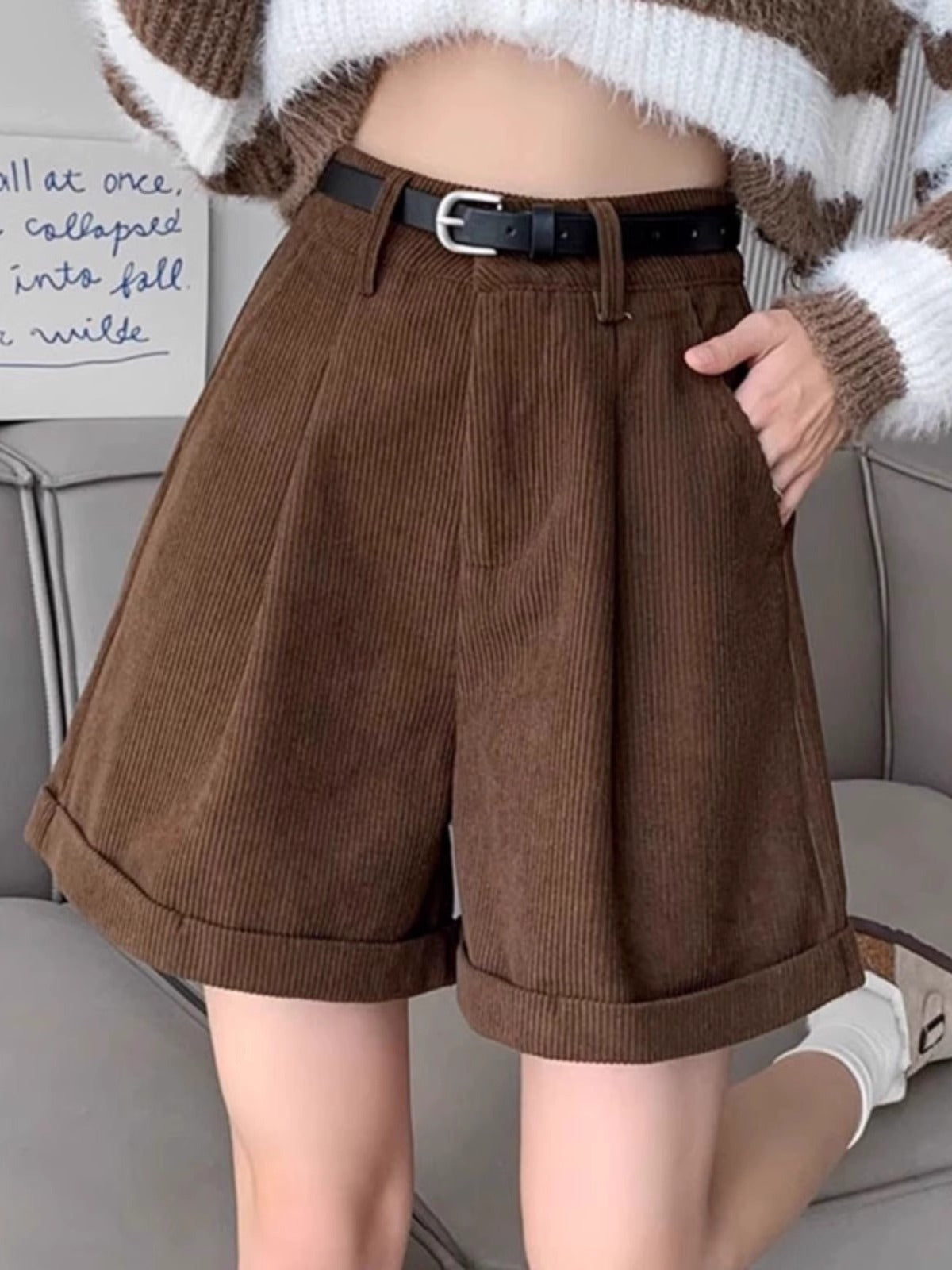 Fashion Brown Corduroy Shorts For Women