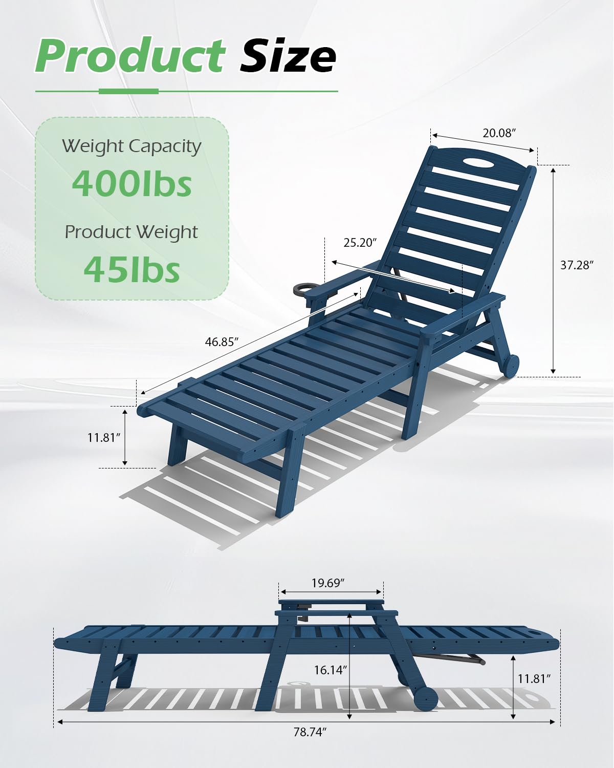 Outdoor Lounge Chairs Set Of 2, HDPE Pool Chaise Lounge Chairs For Poolside, Pool Loungers For Outside, Patio, Sunbathing Tanning, Blue
