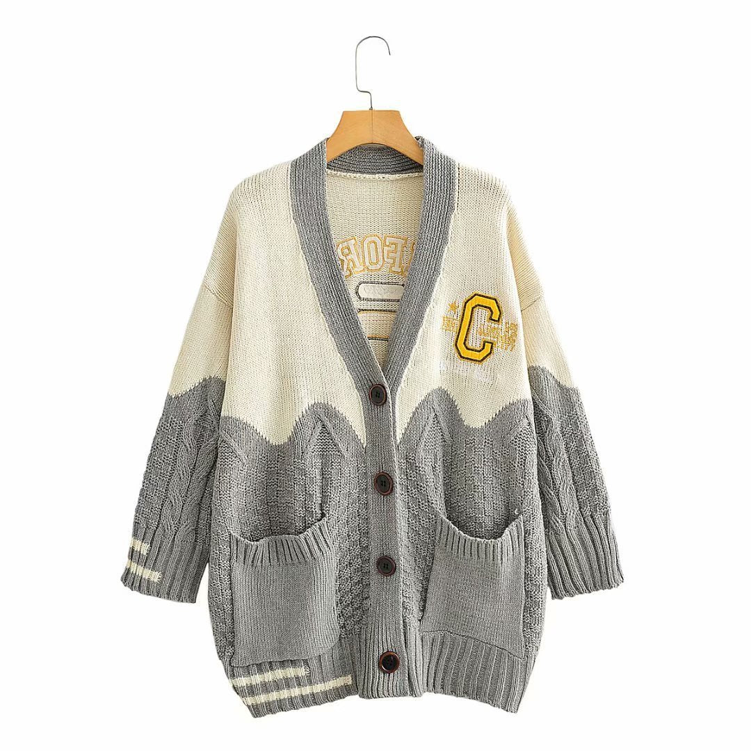 V-neck contrast letter cardigan sweater women