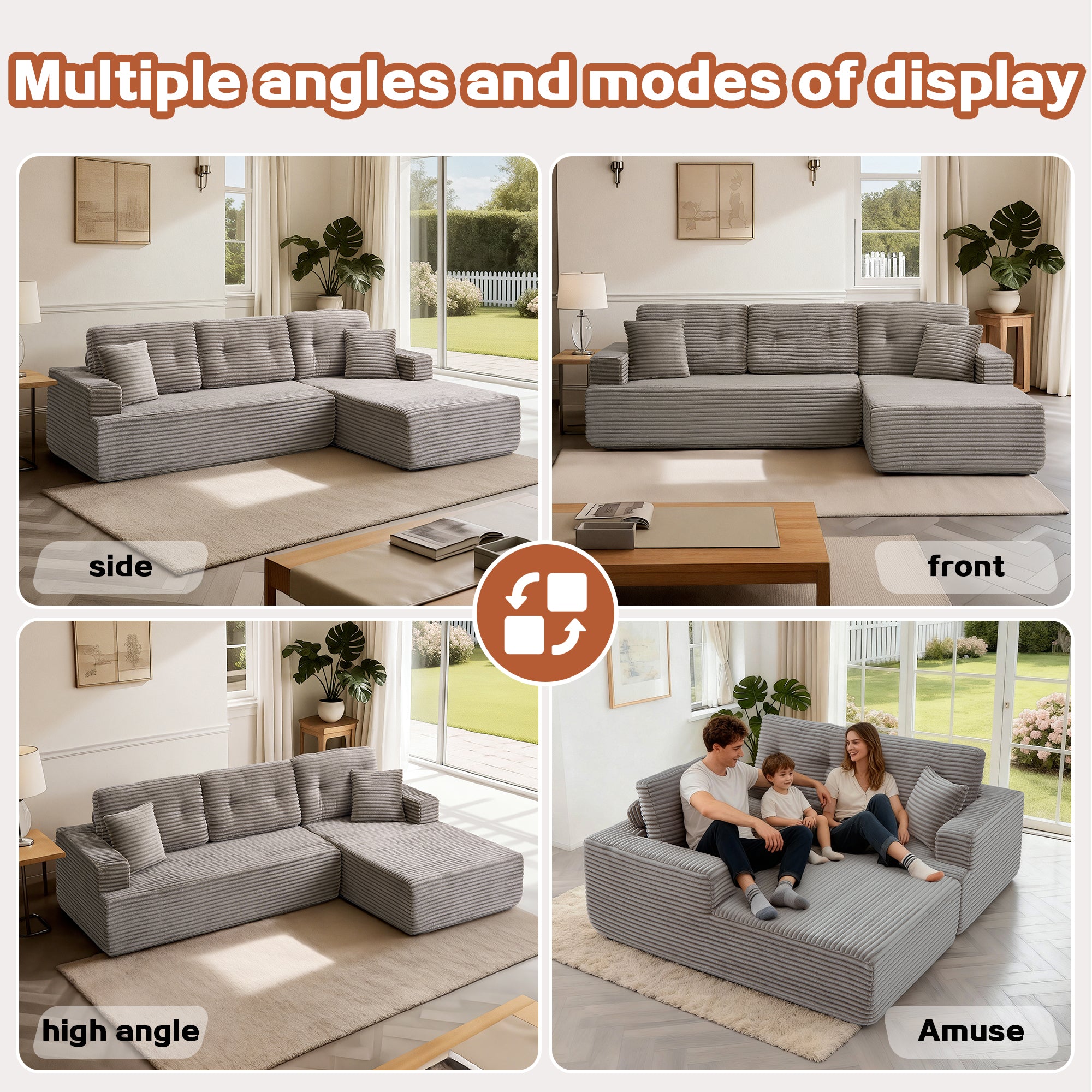 Right-Facing Chaise,L Shape Modular Sectional Sofa, Compressed Sectional Sofa Modern Minimalist Style Corduroy Couch,Unfold Into A Bed, Bedroom, Comfy Compressed Sofa