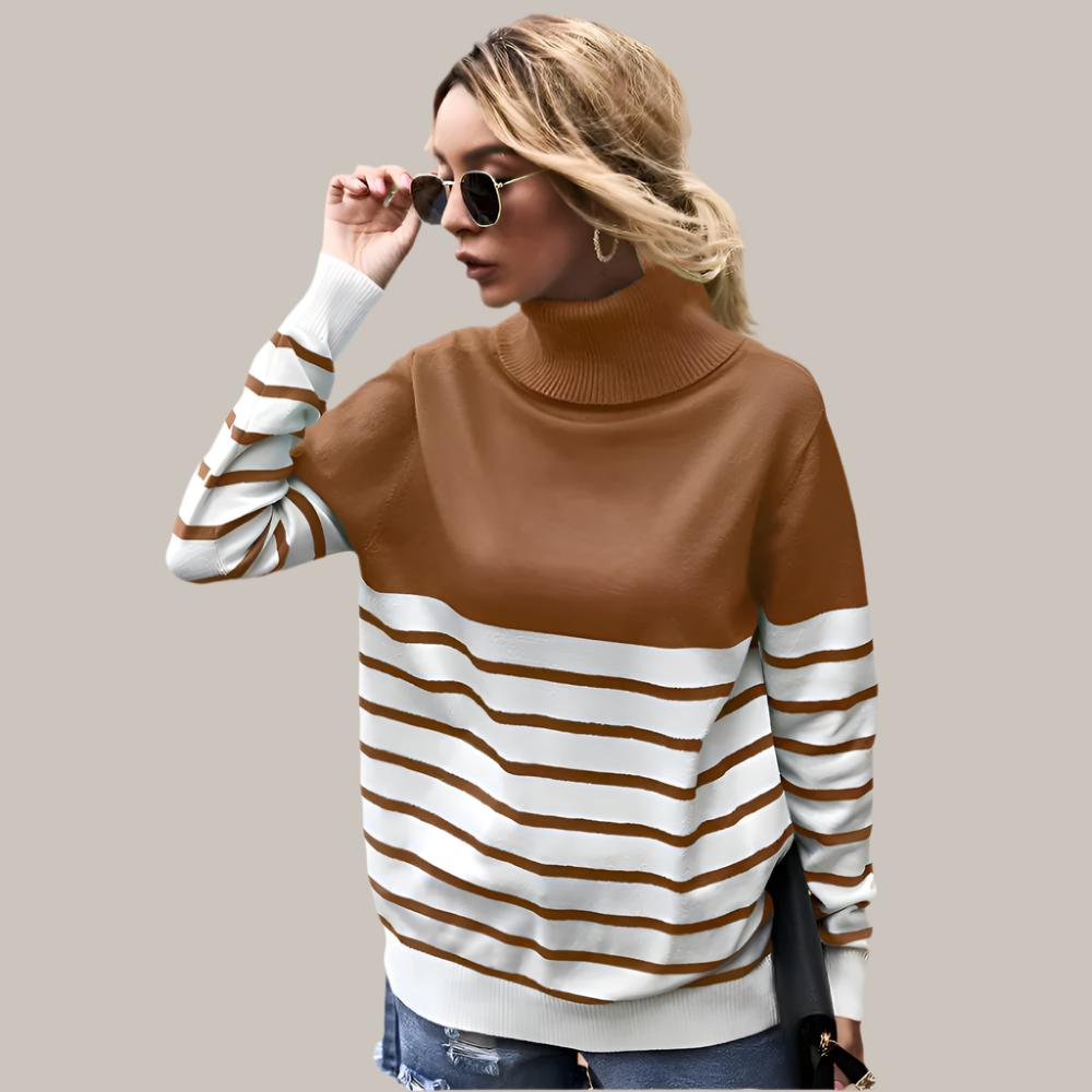 Net red high neck striped sweater blouse