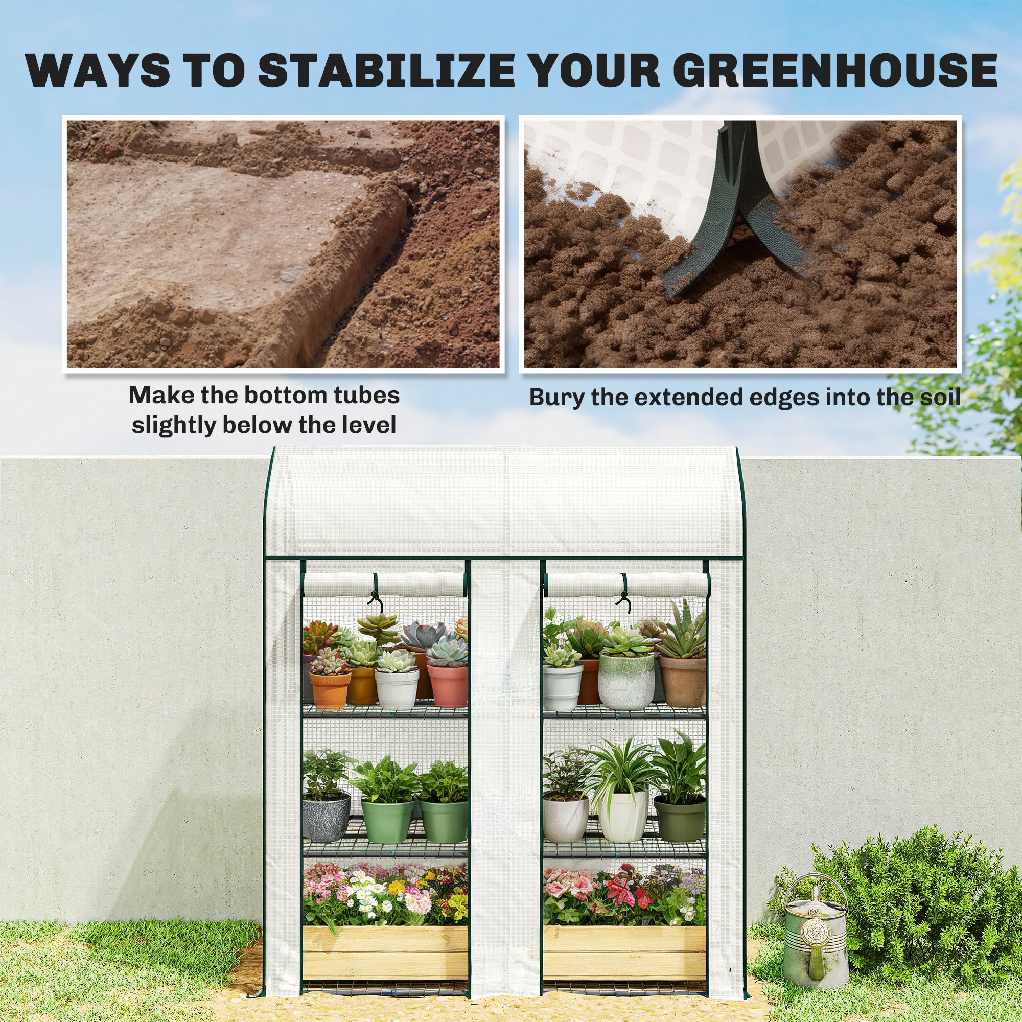3 Tier Mini Greenhouse, Small Portable Greenhouse with 2 Roll-up Doors, 56.3" x 18.1" x 65", White